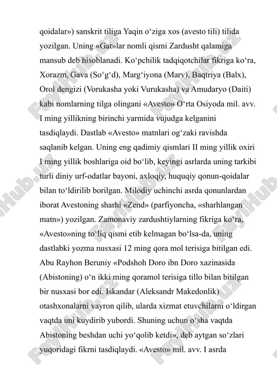 nib qolgan bo‘limlari orasida eng mukammali bo‘lib, unda odamlar yashaydigan barcha yurtlar axura-mazda tomonidan yaratilgani, kasallik, o‘lim, azob-uqubatlar bo‘lmagan zamon, ya’ni insoniyatning farovon hayoti, zardusht bilan axura-mazdaning savol-javoblari, qasam ichish, va’dada turish, ahdni buzish, tozalik, yuvinish asoslari kabi masalalar yoritilgan. «yasna» - diniy marosimlarda o‘qiladigan duolar bo‘lib, 72 bobdan tashkil topgan. zardushtning so‘zlari hisoblanadigan 17 fasl, 338 qit’a, 896 misra va 5560 so‘zdan iborat «gat»lari ham shu bo‘limdan joy olgan. «gat»ning har bir she’ri pahlaviy tilida «gas» deyiladi. umuman olganda, bu bo‘limda olovning muqaddasligi, zardushtiylik marosimlari orasida olovga e’tiqod qilish, axura-mazda nurining quyoshda namoyonligi va uning erdagi zarrasi deb bilinishi, olovning haqni nohaqdan, eng oliy gunoh hisoblanmish yolg‘onni rostdan ajratib berishi, yolg‘onning chin e’tiqodga xiyonat, deb qoralanishi kabi e’tiqodiy tushunchalar o‘z aksini topadi. «visparad» - 24 bobdan tashkil topgan bo‘lib, ma’budlar sha’niga o‘qiladigan duo va pandnasihatlardan iborat. 22 bobdan tashkil topgan «yasht» esa har bir bobi axura-mazdadan boshlanib, u tomonidan …