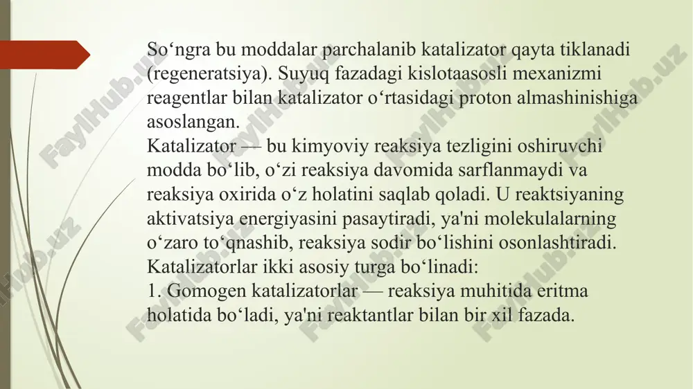 ekologik xavfsiz qiladi. ishlab chiqarish samaradorligini oshiradi katalizatorlar yordamida reaksiyalar tezroq sodir bo‘ladi, bu esa kamroq vaqt ichida ko‘proq mahsulot olish imkonini beradi. energiya sarfini kamaytiradi katalizatorlar aktivatsiya energiyasini pasaytiradi, shuning uchun reaksiyalar past harorat va bosimda ham sodir bo‘ladi, natijada energiya tejab qolinadi. mahsulot sifati va tozaligini oshiradi reaksiyalar aniq yo‘nalishda boradi, yon mahsulotlar kam hosil bo‘ladi. bu esa mahsulot sifatini oshiradi. ekologik xavfsizlikni ta'minlaydi zararli gazlar va chiqindilarni kamaytiruvchi katalizatorlar (masalan, avtomobil sanoatida) atrof-muhitni himoya qiladi. keng ko‘lamli qo‘llanilishi mavjud: ammiak ishlab chiqarishda (gaber usuli, fe katalizatori) sulfat kislotasi ishlab chiqarishda (v₂o₅ katalizatori) neftni qayta ishlashda (kreking jarayonlarida) polimer ishlab chiqarishda (ziegler–natta katalizatori) tejamkorlik va iqtisodiy foyda katalizatorlar ishlab chiqarish xarajatlarini kamaytiradi, resurslardan to‘liq foydalanishni ta'minlaydi va ishlab chiqarish tannarxini pasaytiradi. katalizatorlar sanoat jarayonlarining yuragi hisoblanadi. ular nafaqat mahsulot ishlab chiqarishni tezlashtiradi, balki energiya tejaydi, chiqindilarni kamaytiradi va iqtisodiy foyda keltiradi. shu sababli, zamonaviy sanoat katalizatorsiz tasavvur qilib …