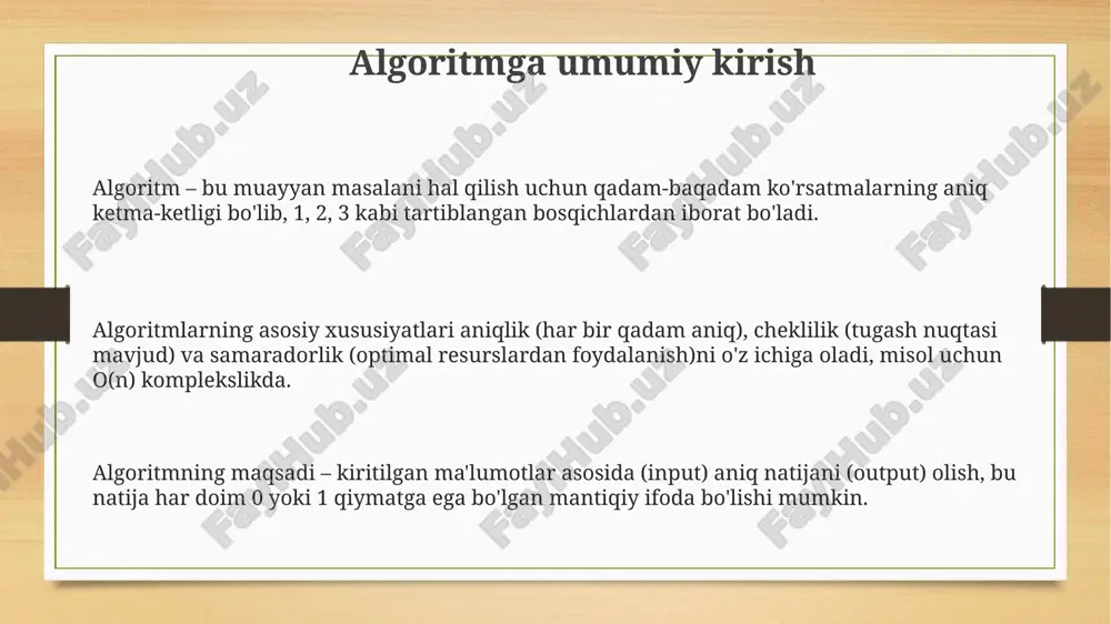 element ichidan bittasini aniqlashga yordam beradi. chiziqli qidiruv (linear search) algoritmida, ro'yxatning har bir elementi ketma-ket tekshiriladi, eng yomon holatda esa n ta element uchun n ta taqqoslash kerak bo'ladi, bunda n ro'yxat hajmi. binary qidiruv (binary search) saralangan ro'yxatlarda qo'llaniladi va har bir qadamda qidiruv intervalini yarmiga qisqartiradi, bu esa log2(n) ta taqqoslash bilan natijaga erishish imkonini beradi. graf algoritmlari bfs (breadth-first search) va dfs (depth-first search) kabi muhim graf algoritmlari, masofalarni hisoblash, bog'langanlikni aniqlash kabi vazifalarni bajaradi hamda o(v+e) vaqtda ishlaydi. graf algoritmlari 1936-yilda könig tomonidan birinchi marta rasmiylashtirilgan boʻlib, ular muammolarni hal qilishda nodalar va qirralar orqali aloqalarni modellashtirish uchun ishlatiladi. dijkstra algoritmi 1959-yilda ishlab chiqilgan boʻlib, manbadan boshqa barcha nodalar uchun eng qisqa yoʻlni topadi va o(e log v) vaqt murakkabligiga ega. dinamik dasturlash algoritmlari dinamik dasturlash optimal yechimni kichikroq, o'zaro bog'liq sub-muammolarni hal qilish orqali topadi, ularning yechimlari 1, 2, 3 va hokazo qadamlarda saqlanadi. …