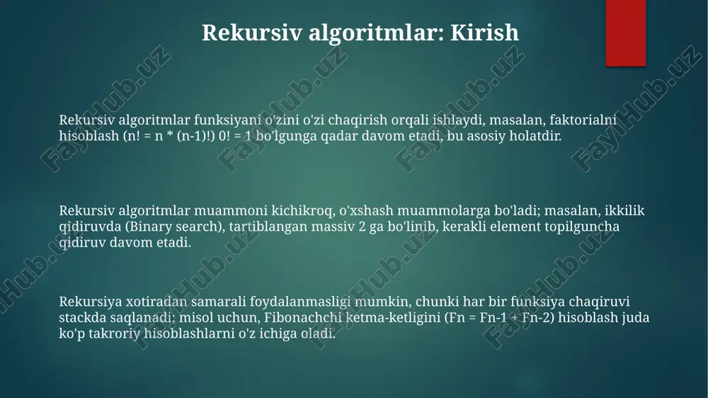 chishda masalani kichikroq, o'xshash qismlarga bo'lish orqali yechish mumkin; masalan, faktorialni hisoblash (n!= n*(n-1)!) rekursiv funksiya orqali 1 gacha bo'lgan qiymatlar bilan amalga oshiriladi. matematik masalalarda rekursiya fibonachchi sonlarining ketma-ketligini (0, 1, 1, 2, 3, 5...) hisoblashda ishlatiladi, bu yerda har bir son o'zidan oldingi ikkita sonning yig'indisiga teng bo'ladi, rekursiv qadam f(n) = f(n-1) + f(n-2). evklid algoritmi kabi masalalarda ikki sonning eng katta umumiy bo'luvchisini (ekub) topishda rekursiya qo'llaniladi; misol uchun, ekub(48, 18) = ekub(18, 12) = ekub(12, 6) = ekub(6, 0) = 6. ma'lumotlar tuzilmalarida rekursiyadan foydalanish rekursiv funksiyalar linkedlist-dagi 5-elementdan boshlab ro'yxatning qolgan qismini qayta ishlash kabi murakkab operatsiyalarni 3 marta kamroq kod bilan osonlashtiradi. rekursiya daraxt tuzilmalari kabi ma'lumotlarni 100 dan ortiq tugun bilan kezish uchun juda mos keladi, har bir tugun o'z navbatida 2 ta yoki undan ortiq kichik tugunga ega bo'lishi mumkin. grafik traverssiyalari, masalan, chuqurlik bo'yicha qidiruv (dfs), 7 dan ortiq bog'langan …