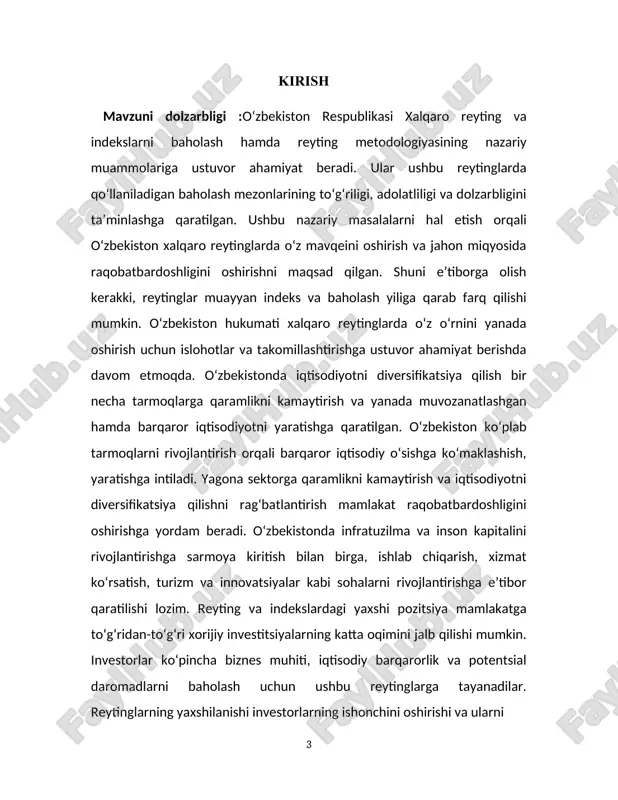 moqda. shu bilan birga, bu mavzuning ayrim jihatlari hali yetarlicha o‘rganilmagan. jumladan: · o‘zbekistonning ayrim reytinglarda (masalan, global innovation index, press freedom index) past ko‘rsatkichlariga sabab bo‘lgan omillar chuqur tahlil qilinmagan; · xalqaro reytinglarning real ichki siyosatga va ijtimoiy kayfiyatga ta’siri bo‘yicha kompleks so‘rovlar kam; · reytinglardagi pozitsiyaning hududiy, sohaviy (masalan, sog‘liqni saqlash, ta’lim) kesimdagi tafovutlari bo‘yicha ilmiy tahlillar yetarli emas.shu sababli, mavzu o‘rganilgan, ammo hali ham to‘liq tadqiq etilmagan jihatlar mavjud bo‘lib, bu esa mavzuning dolzarbligini va uni ilmiy izlanishlar orqali chuqurlashtirish zarurligini ko‘rsatadi. kurs ishining maqsadi va vazifalari ishning maqsadi: oʻzbekiston respublikasining xalqaro indekslar va reytinglardagi o‘rnini tahlil qilish, ushbu reytinglardagi koʻrsatkichlarning mamlakatdagi siyosiy, iqtisodiy va ijtimoiy islohotlar bilan qanday bogʻliqligini aniqlash hamda reytinglarni yaxshilash uchun taklif va tavsiyalar ishlab chiqish. ishning vazifalari: 1. xalqaro indeks va reytinglarning mazmuni, turlari hamda baholash mezonlarini o‘rganish; 2. o‘zbekiston respublikasining asosiy xalqaro reytinglardagi (hdi, cpi, doing business, global innovation index va …