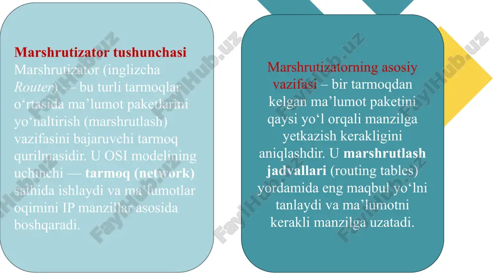 i: 1. mahalliy (local) boshqaruv 2. masofaviy (remote) boshqaruv 8 mahalliy boshqaruv bu usulda marshrutizator bilan to‘g‘ridan-to‘g‘ri aloqada bo‘lish orqali boshqaruv amalga oshiriladi. administrator qurilmaning konsol portiga ulanib, maxsus terminal dasturlari (masalan, putty, tera term) orqali buyruqlar kiritadi. mahalliy boshqaruvning afzalligi — tarmoq ishlamay qolganda ham qurilmani sozlash imkoniyati mavjud. mahalliy boshqaruv usullari: cli (command line interface): buyruqlar satri orqali sozlash va nazorat qilish. eng ishonchli va aniq usul hisoblanadi. serial konsol ulanishi: marshrutizatorning konsol portiga maxsus kabel orqali ulanib, buyruqlar yordamida sozlash amalga oshiriladi. 9 3. avtomatlashtirilgan boshqaruv yirik tarmoqlarda marshrutizatorlarni qo‘lda boshqarish murakkab bo‘lgani sababli avtomatik boshqaruv tizimlari qo‘llaniladi.bunda: sdn (software defined networking) texnologiyasi ishlatiladi — bu markazlashtirilgan dasturiy boshqaruv orqali tarmoqni tez sozlash imkonini beradi. ansible, cisco dna center, juniper contrail kabi platformalar marshrutlash siyosatini avtomatik o‘zgartirib, ma’lumot oqimini optimallashtiradi. 11 zamonaviy marshrutizatorlar va ularning imkoniyatlari zamonaviy axborot texnologiyalari davrida marshrutizatorlar faqat ma’lumot paketlarini bir tarmoqdan boshqasiga …