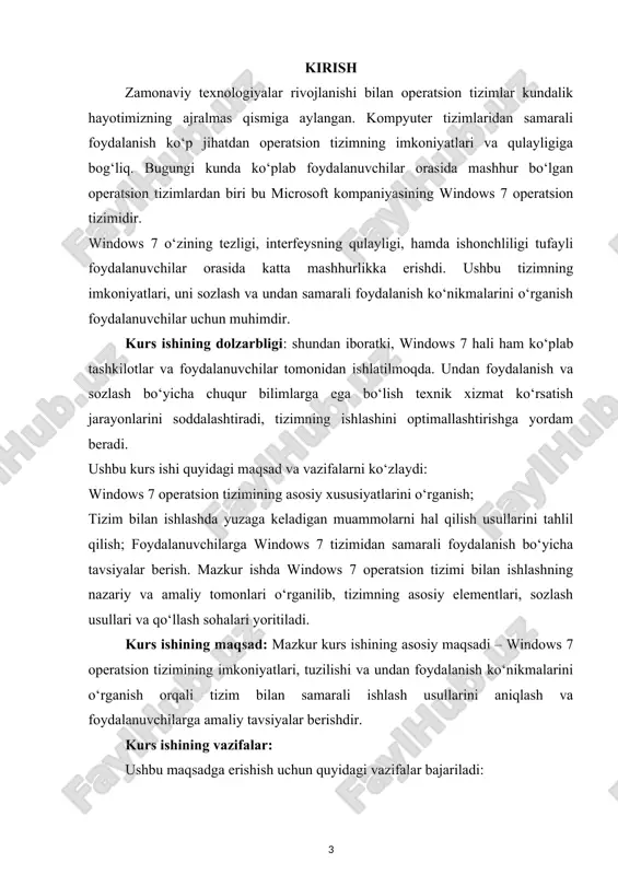 n usullarni tahlil qilish. 2. modernizatsiya va integratsiya eski tizimlarni modernizatsiya qilish: windows 7 ga asoslangan tizimlarni yangilash jarayoni, masalan, windows 10 yoki windows 11 ga migratsiya qilish strategiyalari. bulut texnologiyalari: windows 7 bilan bulut xizmatlarini (onedrive, google drive) qo‘llash bo‘yicha amaliy yondashuvlar. 3. windows 7 ni ta'lim va tadqiqot sohasida qo‘llash. simulyatsiya va laboratoriya tizimlari: windows 7 asosida ishlaydigan maxsus dasturiy platformalarni yaratish va tahlil qilish. dasturchilar uchun o‘quv muhitlari: windows 7 ni dasturiy ta’minot ishlab chiqish va testlash uchun ishlatish usullari. ws 7 ning ofis va korporativ tizimlarda ishlash samaradorligi. i bob windows 7 operatsion tizimining umumiy tavsifi 1.1. windows 7 ning tarixi va rivojlanishi quyida windows 7 ning tarixi va rivojlanishi mavzusi uchun to‘liq ma’lumot keltirilgan. bu ma’lumot kurs ishining tegishli bo‘limida ishlatilishi mumkin: windows 7 microsoft korporatsiyasi tomonidan ishlab chiqilgan va 2009-yil 22-oktabrda ommaga taqdim etilgan operatsion tizimdir. u windows vista operatsion tizimining muvaffaqiyatli vorisi sifatida …