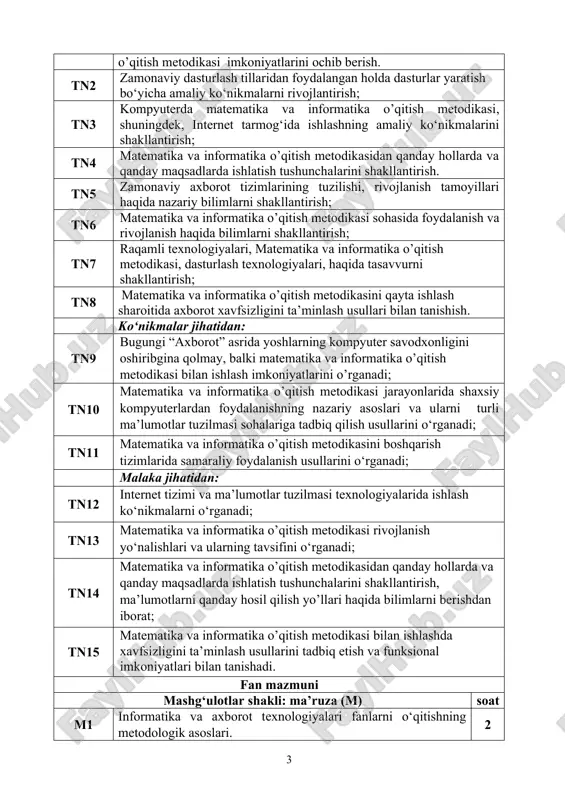 imkoniyatlari bilan tanishadi. fan mazmuni mashg‘ulotlar shakli: ma’ruza (m) soat m1 informatika va axborot texnologiyalari fanlarni o‘qitishning metodologik asoslari. 2 m2 informatika ta`limida an`anaviy va noan`anaviy ta`lim texnologiyalari[footnoteref:1] [1: moskva davlat universiteti (qs-94) universitetning ma’lumotlar tuzilmasi va algoritmlar fan dasturi asosida takomillashtirildi https://www.hotcourses.ru/study/rankings/qs-word.html] 2 m3 informatika fanlarini o‘qitishning shakl, uslub va baholash usullari. 2 m4 informatika fanlarini o‘qitishning zamonaviy texnologiyalari va vositalari[footnoteref:2] [2: university boston(qs-88)-dasturi asosida takomillashtirildi https://www.bu.edu/riscs/metcs601/] 2 m5 o‘quv va darsdan tashqari mashg‘ulotlarini tashkil etish va o‘tkazish metodikasi 2 m6 o‘qitishning meyoriy hujjatlari, o‘quv jarayonini rejalashtirish va dars tahlili[footnoteref:3] [3: university of mit(qs-1)-dasturi asosida takomillashtirildi https://ocw.mit.edu/courses/6-171-software-engineering-for-web-applications-fall-2003/pages/syllabus/] 2 m7 informatika o‘qitishning xususiy metodikasi 2 m8 uzluksiz ta’lim tizimida informatika va axborot texnologiyalarining mazmuni va unga qoyiladigan talablar 2 m9 uzluksiz ta’lim tizimida informatika va axborot texnologiyalari fanini o‘qitish ta’minotlari 2 m10 informatika va axborot texnologiyalari fanini o‘qitishda zamonaviy o‘qitish texnologiyalari va vositalari 2 m11 informatika va axborot texnologiyalari fanidan …