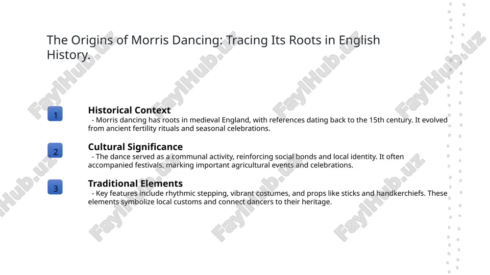 n to preserve morris dance traditions for future generations. community involvement local communities play a vital role in preservation, often hosting workshops and festivals that celebrate morris dancing, ensuring its continued practice and relevance in today's culture. the role of morris dancing in english festivities and celebrations. cultural significance morris dancing is integral to english festivities, symbolizing community spirit and continuity. its presence at events reinforces connections to cultural identity and heritage. seasonal celebrations morris dancing often features in seasonal celebrations like may day and harvest festivals. these dances embody the rhythms of nature and agricultural cycles, fostering community unity. community engagement engaging audiences, morris dancing encourages participation and fosters social bonds. performances at local events invite spectators to join, enhancing communal ties and cultural appreciation. ritualistic elements of morris dancing: a connection to nature and seasons. seasonal celebrations morris dancing often coincides with seasonal celebrations, such as may day …