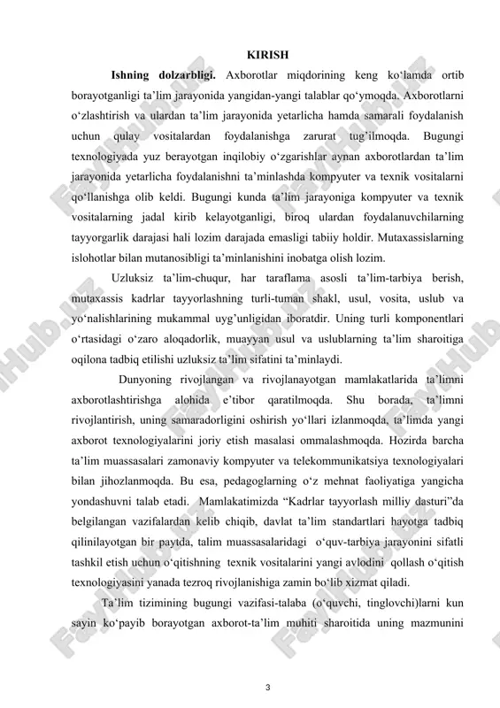 . yoqubov[13], shmargun n. i. [10] va boshqalar tomonidan olib borilgan. lekin zamonaviy texnik vositalarini qo‘llash uzluksiz ta’lim tizimining barcha bo‘g’nlarida qo‘llash borasidagi ilmiy tadqiqotlar yetarlicha o‘rganilmagan. hozirgi kunda o‘qitishda zamonaviy texnik vositalardan foydalanish uning mazmun mohiyatini bilish juda muhimdir. uning ta’limda qo‘llanilishi esa o‘quv jarayonini samaradorligini oshirish yo‘llaridan biri bo‘lib hisoblanadi. shu jihatdan olganda ishning muammosi dolzarb hisoblanadi. tadqiqot obyekti: oliy o‘quv yurtlarida zamonaviy texnik vositalarini qo‘llash jarayoni , ularni amaliyotga joriy etish va foydalanish. tadqiqot predmeti: o‘quv jarayonida zamonaviy texnik vositalarini qo‘llash va undan foydalanish muammolari va istiqbollari. tadqiqot ishining asosiy maqsadi: 1. o‘qitishning texnik vositalarini ta’limda qo‘llash imkoniyatlarini aniqlash; 1. o‘qitishning zamonaviy texnik vositalarining o‘qitish jarayonida foydalanish aniqlashdan iborat . buning uchun quydagi vazifalarni amalga oshirish lozim: - o‘qitishning texnik vositalarini o‘qitish jarayoniga ko‘maklashish samaradorligi bo‘yicha ishlarni tahlil etish; -o‘qitishning zamonaviy texnik vositalarining tuzilishi va imkoniyatlarini o‘rganish; - o‘qitishning zamonaviy texnik vositalarilaridan foydalanish bo‘yicha ko‘rsatmalar tayyorlash. ishning …