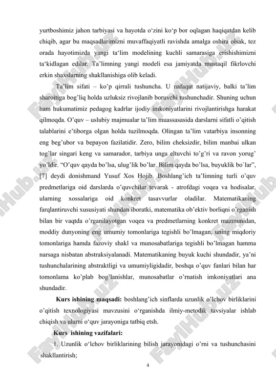 xususiyati shundan iboratki, matematika ob’ektiv borliqni o’rganish bilan bir vaqtda o’rganilayotgan voqea va predmetlarning konkret mazmunidan, moddiy dunyoning eng umumiy tomonlariga tegishli bo’lmagan, uning miqdoriy tomonlariga hamda fazoviy shakl va munosabatlariga tegishli bo’lmagan hamma narsaga nisbatan abstraksiyalanadi. matematikaning buyuk kuchi shundadir, ya’ni tushunchalarining abstraktligi va umumiyligidadir, boshqa o’quv fanlari bilan har tomonlama ko’plab bog’lanishlar, munosabatlar o’rnatish imkoniyatlari ana shundadir. kurs ishining maqsadi: boshlang’ich sinflarda uzunlik o’lchov birliklarini o’qitish texnologiyasi mavzusini o‘rganishda ilmiy-metodik tavsiyalar ishlab chiqish va ularni o‘quv jarayoniga tatbiq etsh. kurs ishining vazifalari: 1. uzunlik o‘lchov birliklarining bilish jarayonidagi o’rni va tushunchasini shakllantirish; 2. uzunlik o‘lchov birliklarini tarbiyaviy ahamiyati usullarini aniqlash; 3. uzunlik o‘lchov birliklarini boshlang’ich sinf darslarida o’qitish usullari metodikasini yoritish; 4. uzunlik o’lchov birliklarini o’rganishda ta’lim texnologiyalaridan foydalanish yo’llarini aniqlash. kurs ishining ob’ekti: uzunlik o’lchov birliklarini o’rgatish jarayoni. kurs ishining predmeti: boshlang’ich sinflarda uzunlik o’lchov birligiga oid o’quv materiallari mazmuni. kurs ishining metodlari: mavzuga oid adabiyotlarni o’rganishga …