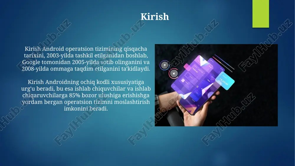 konini beradi. so'nggi android versiyalari adaptiv batareya funksiyasini o'z ichiga oladi, bu esa ilovalarning foydalanish odatlariga qarab quvvatni optimallashtiradi. androidning so'nggi tendentsiyalari va innovatsiyalari sun'iy intellekt (ai) bilan integratsiya ortib bormoqda, masalan, generativ ai modellarini mahalliy qurilmada ishlatish, ma'lumotlar xavfsizligini ta'minlab, tezroq ishlash imkonini beradi. android 14 va undan keyingi versiyalarda foydalanuvchi xavfsizligini oshirishga qaratilgan yangi privacy sandbox texnologiyasi joriy etilmoqda, bu reklamachilarga ma'lumotlarni shaxsiy tarzda olishga imkon beradi. androidning hozirgi imkoniyatlari va qo'llanilishi android hozirgi kunda 3 milliarddan ortiq faol qurilmada ishlaydi, bu esa uning mobil operatsion tizimlar orasida bozor ulushini sezilarli darajada oshirdi. google lens va unga o'xshash vositalar yordamida android qurilmalari real vaqtda matnni tarjima qilish, ob'ektlarni aniqlash va vizual qidiruvlarni amalga oshirish imkoniyatiga ega. xulosa va kelajak istiqbollari keyingi 5 yilda android, sun'iy intellekt va mashinaviy o'rganish orqali foydalanuvchi tajribasini 40% ga yaxshilashga qaratiladi, avtonom funksiyalarni oshirish maqsadida. android 15 da xavfsizlikni 30% ga oshirish uchun …