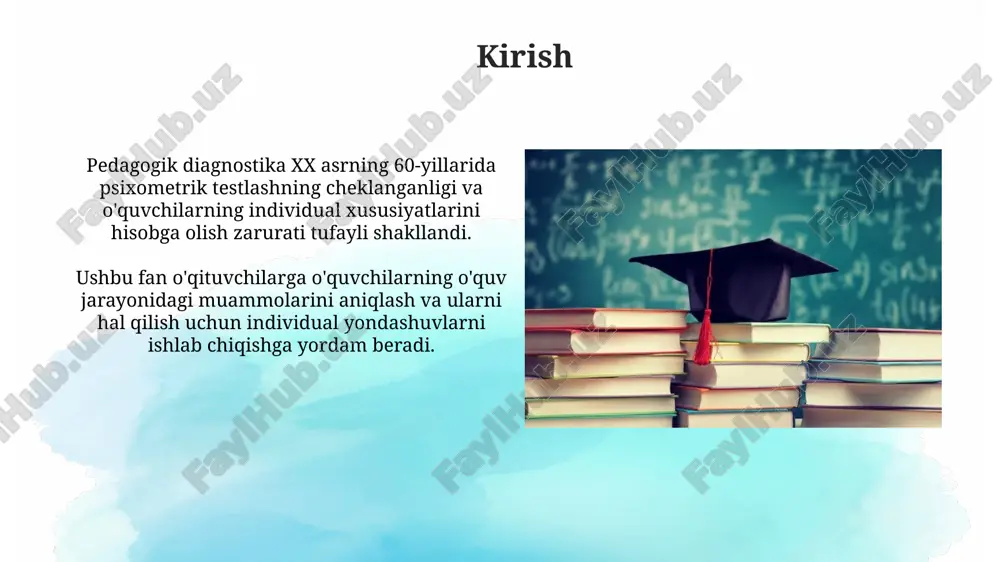asos yaratdi. xulosalar talabalarning o'quv faoliyatidagi muvaffaqiyatlari va kamchiliklarini aniqlashda yordam beradi, bu esa o'qituvchilarga individual yondashuvni ta'minlaydi va 1960-yillarda rivojlana boshladi. e'tiboringiz uchun rahmat image2.png image3.jpg image4.jpg image5.jpg image6.jpg image7.jpg image8.jpg image9.jpg image10.jpg image11.jpg image1.png