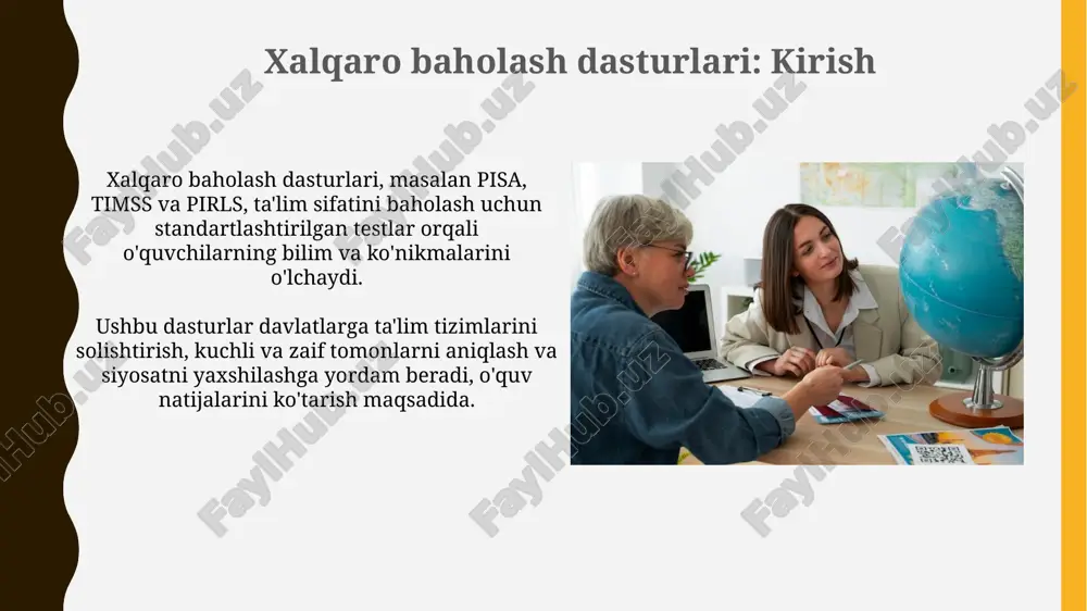 keltirib chiqardi, bu esa ta'lim standartlarini oshirish uchun muhim islohotlarga turtki bo'ldi, ayniqsa o'qituvchilarni tayyorlashda. singapur timss va pisada yuqori ko'rsatkichlarga erishdi. natijada, matematika va fan o'qitish dasturlarini doimiy ravishda takomillashtirib, talabalarning muvaffaqiyatini oshirdi. xulosa va tavsiyalar xulosa va tavsiyalarda pisa, timss kabi xalqaro baholash dasturlaridan olingan ma'lumotlarni interpretatsiya qilishda ehtiyotkorlik zarurligi, ularning kontekstga bog'liqligini hisobga olish kerak. tavsiyalarda o'qituvchilarning malakasini oshirish uchun aniq strategiyalar, masalan, stem sohasida qo'shimcha treninglar yoki interaktiv darsliklar ishlab chiqish kabi 2-3 ta aniq choralar ko'rsatilishi kerak. e'tiboringiz uchun rahmat image1.png image2.jpg image3.jpg image4.jpg image5.jpg image6.jpg image7.jpg image8.jpg image9.jpg image10.jpg image11.jpg