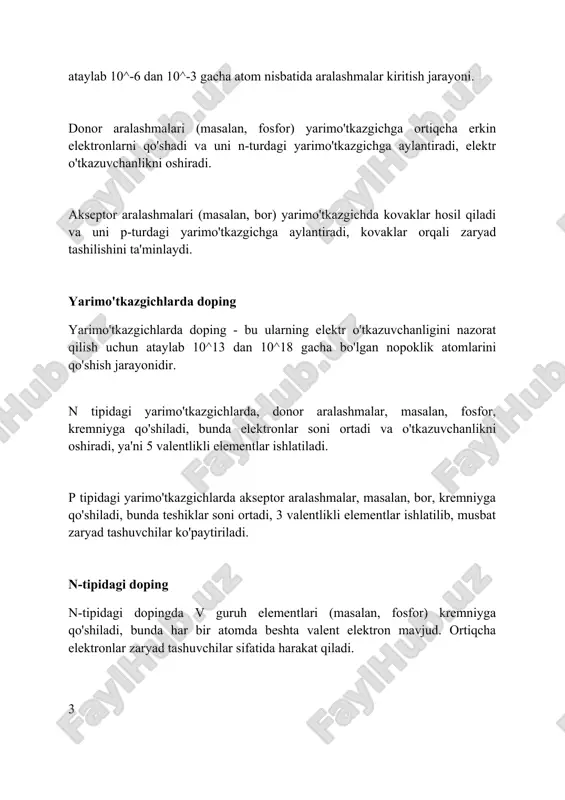 aniq dozalash imkonini beradi. epitaksiya usuli, yarimo'tkazgich kristalining sirtida yangi, dopinglangan qatlamni o'stirishni nazarda tutadi. mocvd va mbe kabi usullar yordamida amalga oshiriladi. doping nazariyasi: asosiy tamoyillar doping nazariyasida valentlik elektronlari kontsentratsiyasi muhim ahamiyatga ega, n-tip yarimo'tkazgichlar uchun donors impurity kontsentratsiyasi 10^15 atom/sm^3 dan ortiq bo'lishi kerak. p-tip yarimo'tkazgichlarida, asosiy tamoyil akseptor qo'shimchalarining mavjudligi bo'lib, ular kremniy kabi materiallarda teshiklar kontsentratsiyasini 10^16 sm^-3 ga oshiradi. fermi darajasining joylashuvi doping darajasiga bog'liq; yuqori n-doping fermi darajasini o'tkazuvchanlik zonasiga yaqinlashtiradi, p-dopingda esa valentlik zonasiga yaqinlashtiradi. fermi darajasi va doping fermi darajasi yarimo'tkazgichdagi elektronlarning kimyoviy potensialini ifodalaydi, n-tipidagi doping uni yuqoriga, o'tkazuvchanlik zonasiga yaqinlashtiradi. p-tipidagi doping fermi darajasini valentlik zonasiga yaqinlashtiradi, bu esa kovaklarning konsentratsiyasini oshiradi va o'tkazuvchanlikni yaxshilaydi. doping darajasi oshishi bilan fermi darajasi tegishli zona chegarasiga yaqinlashadi, degenerativ yarimo'tkazgich holatiga olib kelishi mumkin, xususan 10^18 atom/sm^3 dan yuqori konsentratsiyalarda. zaryad tashuvchilarning harakati zaryad tashuvchilarning harakati drift tezligi orqali ifodalanadi, bu tashqi …