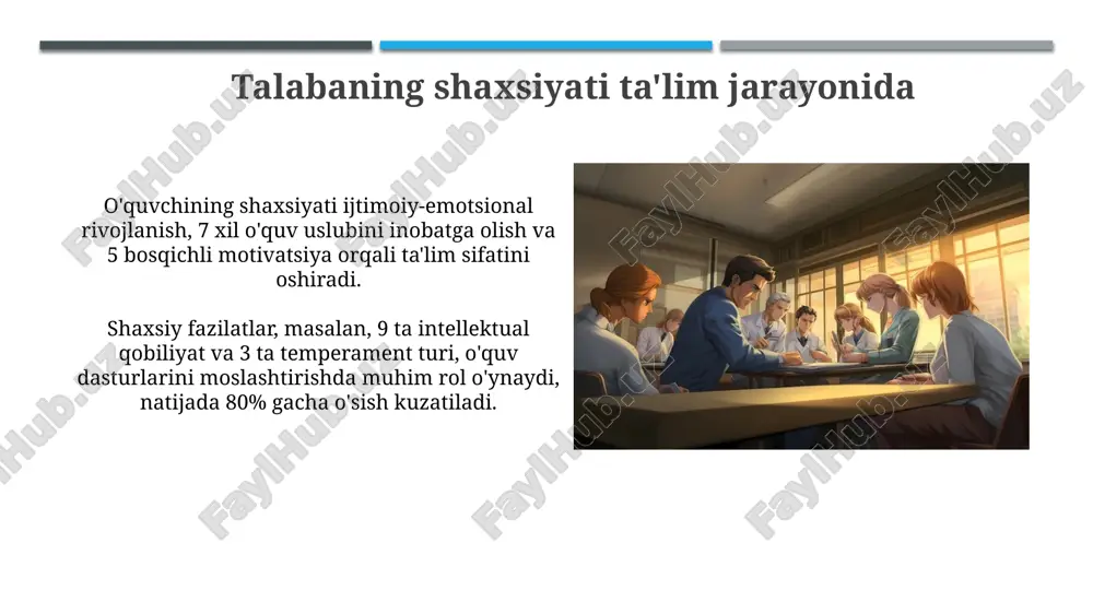 hisobga olgan holda ta'limni tashkil etishni nazarda tutadi. bu yondashuv o'quv dasturlarini moslashtirish, 3 xil o'quv materiallaridan foydalanish va o'quvchilarga o'zlashtirish uchun 2 ta variant taklif qilish orqali amalga oshiriladi. indvidual ta'lim trayektoriyalari individual ta’lim trayektoriyasi – bu har bir o‘quvchining 100% shaxsiy ehtiyojlariga moslashtirilgan, o‘ziga xos maqsadlar sari yo‘naltirilgan ta’lim marshrutidir. itt o'quvchilarning qiziqishlari, qobiliyatlari va oldindan erishilgan natijalari asosida shakllantiriladi, bunda 2-3 ta o'quv dasturi modullari tanlab olinishi mumkin. o'qituvchining roli o'qituvchi nafaqat bilim beradi, balki o'quvchilarda 21-asr ko'nikmalarini, jumladan, tanqidiy fikrlash va muammolarni yechish qobiliyatini rivojlantirishi kerak. o'qituvchi har bir o'quvchining individual xususiyatlarini hisobga olgan holda, ta'limning 3 asosiy aspekti: kognitiv, affektiv va psixomotor sohalarni uyg'unlashtirishi muhim. o'qituvchi va talaba munosabatlari o'qituvchi va talaba o'rtasidagi konstruktiv munosabatlar, 70% gacha o'quv natijalariga ta'sir etadi, bu esa o'zaro hurmat va ishonchni mustahkamlash orqali erishiladi. empatik munosabat, ayniqsa 30% dan ortiq o'quvchilarda motivatsiyani oshiradi, bu talabalarning individual xususiyatlarini hisobga olgan …