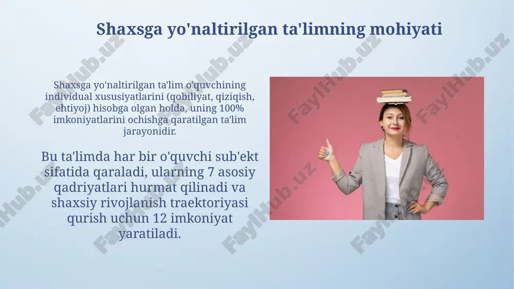 qiziqishlari va ehtiyojlari. bu 4 bosqichli jarayon orqali amalga oshiriladi. ushbu tamoyil o'quv jarayonini individual xususiyatlarga moslashtirish uchun 5 turdagi diagnostika usullaridan foydalanishni talab etadi, shu jumladan testlar va kuzatuvlar. prognozlash tamoyili prognozlash tamoyili, shaxsning kelajakdagi rivojlanishini 5 asosiy omil, jumladan, qobiliyatlar va qiziqishlarni hisobga olgan holda ilmiy asoslangan bashorat qilishni o'z ichiga oladi. ushbu tamoyil, 3 asosiy bosqichda amalga oshiriladi: ma'lumot yig'ish, tahlil qilish va 2-3 xil ehtimoliy rivojlanish yo'llarini aniq belgilash orqali, aniq yo'nalishni topish. tabaqalashtirish va individuallashtirish tamoyili tabaqalashtirish ta’lim jarayonida o’quvchilarning 3 xil qobiliyat darajasini (yuqori, o’rta, past) hisobga olib, moslashtirilgan vazifalar berishni nazarda tutadi. individuallashtirish har bir o’quvchining 5 asosiy xususiyatini (qiziqish, qobiliyat, tajriba, o’rganish uslubi, ehtiyoj) inobatga olgan holda ta’lim strategiyasini moslashtirishga qaratilgan. rivojlantiruvchi ta'lim tamoyili rivojlantiruvchi ta'limning asosi o'quvchining potensialini ochish, uning kognitiv qobiliyatlarini 100% ishga solib, mustaqil fikrlash, ijodiy yondashuv va muammolarni hal etish mahoratini rivojlantirishdan iborat. ushbu tamoyil o'qituvchining rolini faqat …