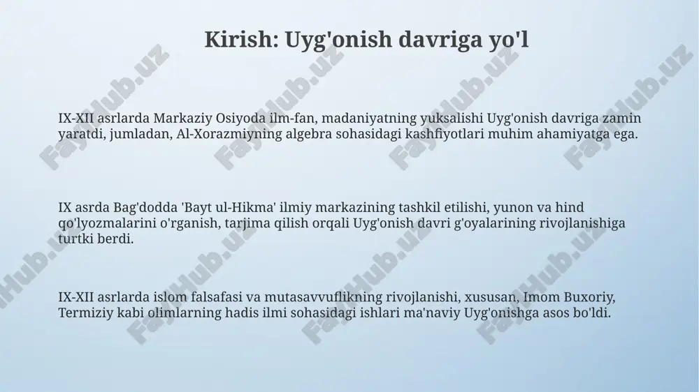 h orqali ma’rifatparvarlik harakatiga turtki bo’ldi. uyg'onish davri madaniyatining xalq hayotiga ta'siri me'morchilikda xalqona uslublar uyg'onish davri binolarida (masalan, madrasalarda) o'z aksini topdi, bu esa 15-asr oxirigacha davom etdi. uyg'onish davrida xalq og'zaki ijodi, masalan, dostonlar, ertaklar, maqollar keng tarqaldi, bu esa 14-15 asrlarda milliy o'zlikni mustahkamladi. naqqoshlik va amaliy san'atda xalq hunarmandchiligi elementlari qo'shildi, bu esa 14-asrda milliy uslubning o'ziga xosligini shakllantirdi. temuriylar davri madaniyatining uyg'onishga qo'shgan hissasi temuriylar davrida ulug'bekning astronomiya sohasidagi 1420-yildagi samarqand rasadxonasi kabi yirik ilmiy markazlar madaniy yuksalishga turtki bo'ldi. naqshbandiya tariqatining rivoji, ayniqsa alisher navoiy ijodi orqali, axloqiy va ma'naviy qadriyatlarni targ'ib qilib, uyg'onish davri adabiyotini boyitdi. temuriylar me'morchiligi, masalan, 14-15-asrlarda qurilgan bibixonim masjidi, san'at va hunarmandchilikning yuqori darajasini namoyon etadi. markaziy osiyo uyg'onish davrining yevropa uyg'onishidan farqlari markaziy osiyo uyg'onishi islomiy ilmlar, matematika, tibbiyotga urg'u bergan, yevropa uyg'onishi esa klassik antik davr adabiyotiga asoslangan edi. markaziy osiyo uyg'onish davrida diniy e'tiqodlar kuchli edi, …