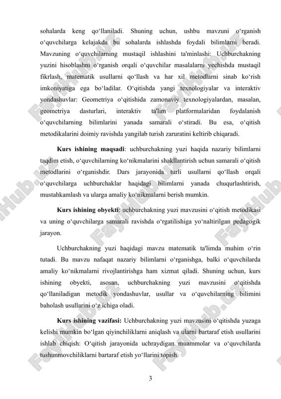ravishda o‘rgatilishiga yo‘naltirilgan pedagogik jarayon. uchburchakning yuzi haqidagi mavzu matematik ta'limda muhim o‘rin tutadi. bu mavzu nafaqat nazariy bilimlarni o‘rganishga, balki o‘quvchilarda amaliy ko‘nikmalarni rivojlantirishga ham xizmat qiladi. shuning uchun, kurs ishining obyekti, asosan, uchburchakning yuzi mavzusini o‘qitishda qo‘llaniladigan metodik yondashuvlar, usullar va o‘quvchilarning bilimini baholash usullarini o‘z ichiga oladi. kurs ishining vazifasi: uchburchakning yuzi mavzusini o‘qitishda yuzaga kelishi mumkin bo‘lgan qiyinchiliklarni aniqlash va ularni bartaraf etish usullarini ishlab chiqish: o‘qitish jarayonida uchraydigan muammolar va o‘quvchilarda tushunmovchiliklarni bartaraf etish yo‘llarini topish. kurs ishining tarkibi: ushbu kurs ishida 2 ta bob 4 qism, xulosa va foydalanilgan adabiyotlardan iborat. i bob uchburchak yuzi haqida umumiy tushuncha i.1 uchburchak turlari va ular haqida umumiy tushuncha ta’rif: uchburchak – bir toʻgʻri chiziqda yotmagan uchta nuqta va uchlari shu nuqtalarda boʻlgan uchta kesmadan yasalgan figura. uchburchakni yasovchi uchta nuqta uchburchakning uchlari, uchlarini tutashtiruvchi kesmalar uchburchakning tomonlari, tomonlari orasidagi uchta burchak uchburchakning burchaklari deyiladi. ta’rif: uchburchakning …