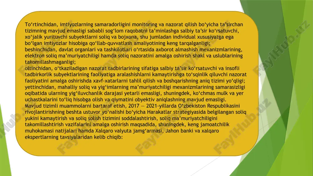 rish, operatsion xarajatlarni minimallashtirish; makroiqtisodiy vaziyatning barqarorligini, o‘zbekiston respublikasi davlat budjeti va uning daromadlarini shakllantirishning mustahkamligini ta’minlash; soliq qonunchiligini soddalashtirish, soliq munosabatlari sohasida normativ-huquqiy hujjatlardagi qarama-qarshiliklar va ziddiyatlarni bartaraf etish, insofli soliq to‘lovchilarning huquqlari va qonuniy manfaatlari himoyasini kuchaytirish; soliq solish masalalarini tartibga soladigan havolaki normalar va qonun osti hujjatlarini maksimal darajada cheklagan holda, soliq qonunchiligining barqarorligini hamda o‘zbekiston respublikasi soliq kodeksi normalarining to‘g‘ridan-to‘g‘ri amal qilishini ta’minlash, shu jumladan kodeksda soliqlar va boshqa majburiy to‘lovlar stavkalarining miqdorlarini belgilash; xorijiy investorlar va investitsiyalar uchun qulay rejimni saqlab qolish, ularni har tomonlama qo‘llab-quvvatlash va ishonchli huquqiy himoyalash; soliq nazoratining shakl va mexanizmlarini, shu jumladan soliq solish obyektlari hamda soliq to‘lovchilarni yanada to‘liq qamrab olish va hisobini ta’minlaydigan zamonaviy axborot-kommunikatsiya texnologiyalarini keng joriy etish hisobiga takomillashtirish, transfer narxlarni shakllantirish bilan bog‘liq operatsiyalarga soliq solish tartibini joriy etish. soliq tizimi tuzilishi va turlari daromad solig'i (income tax): yuridik va jismoniy shaxslarning daromadidan olinadi. jismoniy …