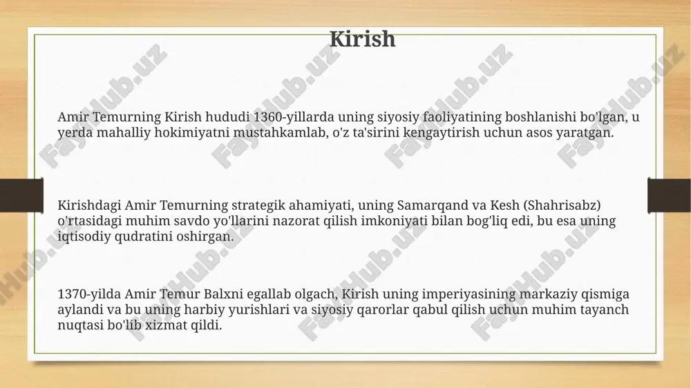 a adolatli qarorlar qabul qilish uchun 12 ta asosiy qoida ishlab chiqildi. uning qonunlari oddiy xalq manfaatlarini himoya qilishga qaratilgan edi; soliq tizimi isloh qilinib, dehqonlar uchun yengilliklar yaratildi, bu esa iqtisodiy barqarorlikni taʼminlashga yordam berdi, taxminan 1370 yilda. davlat boshqaruvidagi markazlashuv markazlashuv siyosati doirasida, amir temur yirik mulkdorlarning siyosiy ta'sirini kamaytirishga harakat qildi, ularning yerlarini davlat tasarrufiga o'tkazib, soliq tizimini takomillashtirdi va xazinani mustahkamladi. amir temur davlat boshqaruvida hokimiyatni markazlashtirish uchun qonunchilikni kuchaytirdi, xususan, "temur tuzuklari" orqali markaziy hokimiyat rolini oshirdi va viloyat hokimlarining vakolatini chekladi. amir temur markaziy boshqaruv apparatini kuchaytirish maqsadida harbiy sohani isloh qildi, armiyani markazlashgan holda boshqarish tizimini yaratdi va 10 minglik qo'shinni (tuman) shaxsan o'zi nazorat qildi. diniy bag'rikenglik siyosati amir temur turli din vakillariga, jumladan xristian va yahudiylarga hurmat bilan munosabatda bo'lib, ularga o'z dinlarini erkin ado etishlariga sharoit yaratgan. temurning diniy bag'rikenglik siyosati uning imperiyasida turli diniy guruhlar o'rtasida tinchlik va barqarorlikni …