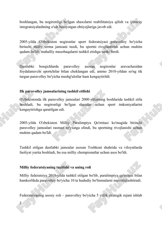 y infratuzilmasini rivojlantirishda muhim rol o'ynadi. 2018-yilda o'zbekiston milliy paralimpiya qo'mitasi world paravolley tashkiloti bilan rasmiy aloqalarni o'rnatdi, bu esa murabbiylar va hakamlarni tayyorlash imkoniyatini berdi. mamlakat paravolley bo'yicha xalqaro musobaqalarda ishtirok etish uchun 2019-yilda tegishli litsenziyalarni oldi, bu esa sportchilarga tajriba orttirishga yordam berdi. milliy terma jamoaning shakllanishi milliy terma jamoa 2017-yilda oʻzbekiston milliy paralimpiya qoʻmitasi tashabbusi bilan tashkil etilgan boʻlib, ilk tarkibga 12 nafar iqtidorli sportchi qabul qilindi. 2018-yilda oʻzbekiston paravolley jamoasi indoneziyaning jakarta shahrida boʻlib oʻtgan osiyo para oʻyinlarida ishtirok etib, oʻzining xalqaro maydondagi debyutini muvaffaqiyatli amalga oshirdi. 2019-yilda terma jamoa tarkibi kengaytirilib, yangi istedodlarni aniqlash maqsadida respublika miqyosida 3 ta seleksiya oʻquv-mashgʻulot yigʻini tashkil etildi. xalqaro maydonda ishtirok etish: yutuqlar va qiyinchiliklar o'zbekiston paravolley jamoasi 2018-yilda indoneziyada bo'lib o'tgan osiyo para o'yinlarida ilk bor ishtirok etib, 5-o'rinni egalladi, bu katta qadam bo'ldi. moliyaviy cheklovlar, murabbiylar yetishmasligi va zamonaviy trenajyorlarning yo'qligi kabi omillar o'zbekiston paravolley jamoasining xalqaro …