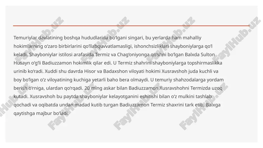 dan hisoblangan. s salavot xvii asr boshlarida ham mavjud bo‘lgan chingil ariq (jingil ariq) qishlog‘i bilan yonmayon joylashgan. salavot hukmdorning qarorgohi bo‘lgan, unda bozor, madrasa va juma masjidi hamda baland minoralari alohida holda ajralib turgan. yana mahmud ibn valining ta’kidicha, viloyatda bog‘ va ekinzorlar kam uchraydi, yeri qumloq bo‘lganligidan iqlimi issiqdir, bu yerda g‘alla va qovun yaxshi yetiladi. 7 o‘z davri siyosiy-maydonida yirik mavqe va maqomga ega bo‘lgan abdullaxon 1584-yili amudaryoning o‘ng qirg‘og‘idagi yerlarni, jumladan, termiz shahrini o‘g‘li abdulmo‘minga in’om etadi. buxoro taxtini 1601-yili egallagan joniy (ashtarxoniy)lar chag‘oniyon yurtida o‘z hukmronligini o‘rnatib, unga shayboniy jonibek sulton avlodi muhammad salim sulton hokim etib tayinlanadi. termiz hokimi va qal’a kutvoli amir odilbiy joniylarga bo‘ysunmaslikka harakat qilib, qarshilik qo‘rsatadi. boqi muhammad 1602-yilning bahorida termiz va chag‘oniyondagi qarshiliklarni bostirib, bu yerlarni joniylar davlatiga tobe qiladi. xullas, xvii asrdagi o‘zaro urushjanjallar termizning qadimiy rivoji va mashhurligiga salbiy ta’sir ko‘rsata boshlaydi. shahar 16461647-yillarda hatto boburiylar sulolasidan …