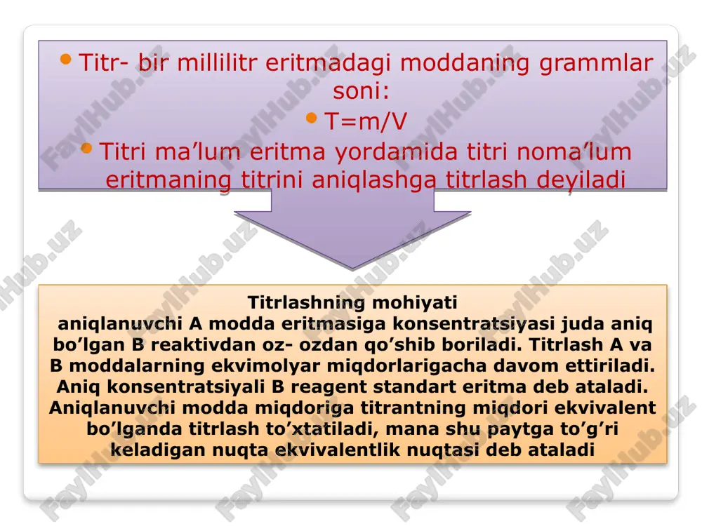 ma orasida boradigan oksidlanish — qaytarilish reaksiyalariga asoslangan. bu metoddan eritmalardagi turli qaytaruvchilar (fe2+, c2042-, n02- kabilar) yoki oksidlovchilar (cr2o72-, mn04-, clo3-, fe3+ kabilar) ni miqdoran aniqlashda foydalaniladi. redoksimetriyaning ayrim metodlarining nomi aniqlashda qo’llaniladigan ishchi titrlan­gan eritmalar nomlanishidan kelib chiqadi. permanganatometriyada oksidlovchi sifatida kaliy permanganat kmn04 ning ishchi titrlangan eritmasi ishlatiladi. yodometriya erkin yod j2 ning reaksiyalarda oksidlov­chi, j- ionining esa qaytaruvchi sifatida ishtirok etishiga asoslangan. indikator vazifasini kraxmal bajaradi. xromatometriyada moddalar kaliy dixromatning titrlangan ishchi eritmalari ta’sirida titrlanadi. shuningdek, bromatometriya— oksidlovchi kaliy bromat kbro3, vanadatometriya — oksidlovchi ammoniy vanadat nh4v03, serimetriya — oksidlovchi seriy (iv) birikmalari va boshqalar cho’ktirishmetodialmashinishreaksiyalarigaasoslan­ganbo’lib,bureaksiyalardaaniqlanuvchielement (ion)qandaydirqiyineruvchanbirikmaholidacho’kmagatushadi.ekvivalentnuqtaharxilusullarbilananiqlanadi.ishchititrlanganeritmasifatidaqandayreagenteritmasiqo’llanishigabog’liqholdacho’ktirishmetodimutanosibnombilanyuritiladi.masalan, agartitrlashuchunkumushnitratagn03eritmasiqo’llanilsametodargentometriya,rodanidnh4scnqo’llanilsarodanometriyanomibilanataladi. kompleks hosil bo’lishi (kompleksonometriya) metodi kam ionlanuvchi kompleks ionlar (yoki molekulalar) hosil bo’lishga asoslangan titrimetrik aniqlashlarni o’z ichiga oladi. bu metodlar yordamida kompleks hosil qilish reaksiyalariga kirisha olish xossalariga ega bo’lgan har xil kationlar (mg2+,ca2+, zn2+, hg2+, al3+ ) va anionlar (cn-, f-, cl-) miqdorini aniqlanadi. keyingi vaqtlarda …
