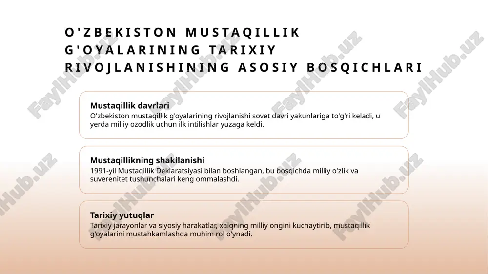 illiy suverenitetni mustahkamlashda asosiy rol o'ynadi. 2 mustaqillik tushunchasining shakllanishi - mustaqillik tushunchasi sovet davridan keyin milliy ozodlik va o'zlikni anglash bilan bog'liq bo'lib, u mamlakatda yangi siyosiy va ijtimoiy fikrlarni rivojlantirdi. 3 siyosiy harakatlar va o'zgarishlar - 1990-yillarda bo'lib o'tgan siyosiy harakatlar va demokratik islohotlar mustaqillikni e'lon qilishga va davlat suverenligini mustahkamlashga xizmat qildi, bu jarayon milliy ongni rivojlantirdi. 4 hududiy va xalqaro ta'sirlar - o'zbekistonning siyosiy rivojlanishida xalqaro hamkorlik va hududiy muhitning ta'siri muhim bo'ldi, bu esa davlatning mustaqillik va suverenlik qadriyatlarini kengaytirdi. an'analar va modernlik o'rtasidagi muvozanat: mustaqillik g'oyalarining evolyutsiyasi an'analar va modernlik o'zbekiston tarixida an'analar va modernlik o'rtasidagi muvozanat milliy identitetni shakllantirishda muhim rol o'ynaydi. bu muvozanat mustaqillik g'oyalarining rivojlanishiga ta'sir qiladi. o'zgarishlar va davomiylik tarixiy jarayonlar davomida, an'analar va yangiliklar muvozanatda rivojlanib, milliy qadriyatlar va zamonaviy ehtiyojlarni birlashtiradi. madaniy meros va yangilanish madaniy meros mustaqillik g'oyalarining asosiy qismi bo'lib, uni zamonaviy talablarga moslashtirish orqali yangi …