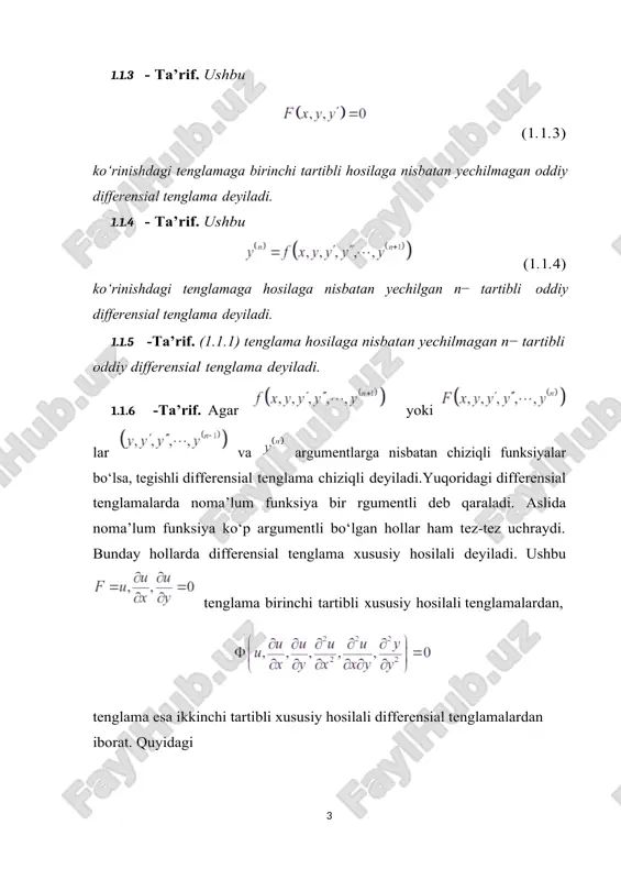 lamaning nuqtadan o‘tuvchi integral chizig‘ini topish masalasiga koshi masalasi deyiladi. 1.1.9 - ta’rif. (1.1.2) differensial tenglama berilgan bo‘lib, unda funksiya tekislikning sohasida aniqlangan bo‘lsin. agar i (ochiq, yopiq, yoki yarim ochiq) intervalda aniqlangan funksiya uchun quyidagi uchta shart: 1) 2) , 3) (1.1.7) bajarilsa, u holda bu funksiya intervalda (1.1.2) differensial tenglamaning yechimi deyiladi. 1.1.10 - ta’rif. (1.1.2) differensial tenglamaning har bir yechimiga mos egri chiziq (ya’ni funksiyaning grafigi) shu tenglamaning integral chizig‘i deyiladi. 1.2-§. birinchi tartibli differensial tenlamalar va koshi masalasi. ushbu (1.2.1) tenglama birinchi tartibli hosilaga nisbatan yechilmagan oddiy differensial tenglama db ataladi.bunda erkli o‘zgaruvchi, uning noma’lum funksiyasi, e sa noma’lum funksiyaning hosilasi. (1.2.1) tenglama uchta o‘zgaruvchini bog‘laydi. ba’zi hollarda bu tenglama ni va ning funksiyasi sifatida aniqlaydi. bu holda (1.2.1) tenglama ushbu (1.2.2) differensial tenglamaga teng kuchli bo‘ladi. bu tenglama, odatda, hosilaga nisbatan yechilgan deyiladi. endi (1.2.2) da funksiya sohada berilgan deb qaraymiz. 1.1-ta’rif (1.2.1) tenglama berilgan …