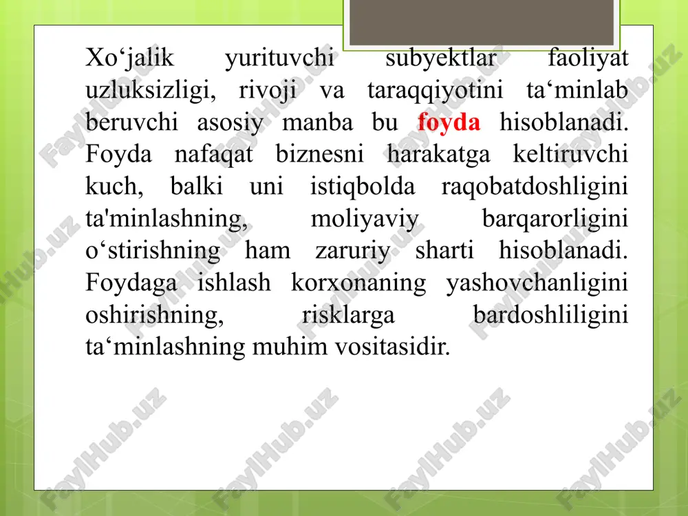atijalarning shakllanishini bir qatorli va ko‘p qatorli usullarida o‘zaro farqlanishlariga va nisbiy o‘zgarishlariga baho beriladi. bunda asosiy jihat yakuniy ya‘ni jamlangan moliyaviy natijalar qatorida tarkib bo‘yicha foyda va zararlarning salmog‘iga baho beriladi. gorizontal tahlilda esa moliyaviy natijalarning shakllanish qatorlari, ko‘rsatkichlari bo‘yicha davriy o‘zgarishlariga mutlaq va nisbiy ifodalarda baho beriladi. asosli yoki trend tahlilida moliyaviy natijalar va ular tarkibining yillar bo‘yicha o‘zgarishlariga va dinamik o‘zgarishlariga baho beriladi. eng muhim jihat asos yiliga nisbatan o‘zgarishlariga baho berishga qaratiladi. foydani gorizontal tahlili ko’rsatkichlar o’tgan yil hisobot yili hisobot yili-o’tgan yilga nisbatan foizda mahsulotlarni sotishdan tushgan sof tushun 4547,8 6548,9 44% sotilgan mahsulot tannarxi 2865,5 4449 55,2% yalpi foyda (1 satr-2 satr)) 1682,3 2099,9 24,8 % davr xarajatlari 435,9 572,5 31,3 % sof foyda 32,1 112,6 50,8 ya f=sst-it yaf- yalpi foyda sst-sotishdan olingan sof tushum it-sotilgan mahsulotlarning ishlab chiqarish tannarxi yalpi foyda asosiy faoliyatdan olingan foyda aff=yaf-dx+bd-bz aff-asosiy faoliyatdan olingan foyda dx-davr xarajatlari …