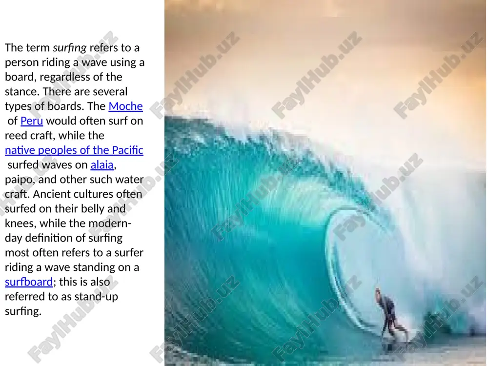 fer when instructed by two hawaiian students at his college.[16][17][18] george freeth (1883–1919) is often credited as being the "father of modern surfing". he is thought to have been the first modern surfer surf waves see also: ocean surface wave pipeline barrel at pūpūkea, hawaii surfer getting tubed at sunset on the north shore of oahu a large wave breaking at mavericks swell is generated when the wind blows consistently over a large space of open water, called the wind's fetch. the size of a swell is determined by the strength of the wind, and the length of its fetch and duration. because of these factors, the surf tends to be larger and more prevalent on coastlines exposed to large expanses of ocean traversed by intense low pressure systems. tube shape and speed the geometry of tube shape can be represented as a ratio between length and width. tube shape …