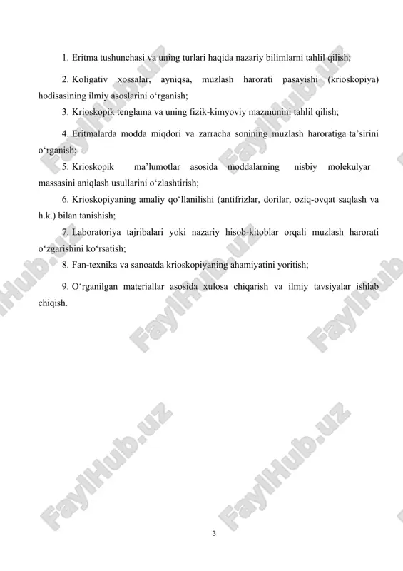 sbiy molekulyar massasini aniqlash usullarini o‘zlashtirish; 6. krioskopiyaning amaliy qo‘llanilishi (antifrizlar, dorilar, oziq-ovqat saqlash va h.k.) bilan tanishish; 7. laboratoriya tajribalari yoki nazariy hisob-kitoblar orqali muzlash harorati o‘zgarishini ko‘rsatish; 8. fan-texnika va sanoatda krioskopiyaning ahamiyatini yoritish; 9. o‘rganilgan materiallar asosida xulosa chiqarish va ilmiy tavsiyalar ishlab chiqish. 26 i asosiy qism i.1. eritmalarning kolligativ xossalari hayvonlar va o'simliklar taraqqiyoti ham kolloid-kimyoviy jarayonlarga asoslangan. shulardan kolloid kimyoning umuman biologiyada va, ayniqsa biokimyo va tibbiyotdagi ahamiyati kelib chiqadi. dorishunoslik va attorlik sanoatida ko'p dori- darmonlar va xo'jalikka ishlatiluvchi kimyoviy dorilar kolloid holatda ishlab chiqariladi. masalan, burunga tomiziladigan tomchi dorilar (kollargol, protargol) kolloid holatdagi kumushning zolidir. insonning yashashi uchun zarur bo'lgan oziq-ovqatlar ham ko'proq kolloid holatida bo'ladi. bularga go'sht va go'sht mahsulotlari, suzma, pishloq, non va boshqalar kiradi. har xil souslar, kremlar, mayonezlar ham kolloid sislemalarga misol bo'ladi. xalq xo'jaligida kolloidlar ishlatilmagan bironta soha bo'lmasa kerak. koagullanish, peptizatsiyalanish jarayonlari odam organizmida katta ahamiyatga …