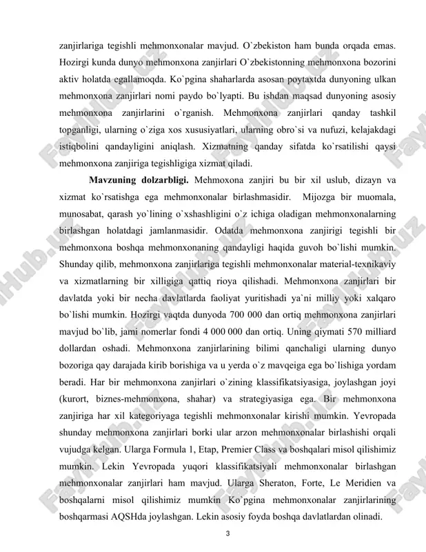 ssasalari, mebel, jihoz va uskunalarni ishlab chiqarish korxonalari, tuzatish fabrikalariga ega. mehmonxona zanjirlarining turizmdagi roli shu bilan birga iqtisodiyotning boshqa tarmoqlari uchun hech shubhasiz asosiylardan hisoblanadi. tarkibiy tuzilishi. kurs ishi kirish qismi, beshta reja, xulosa va takliflar, foydalanilgan adabiyotlar hamda ilovalardan iborat. zanjirli mehmonxonalarning shakllanishi va nazariy asoslari zanjirli mehmonxona bu bir kompaniya yoki egasi tomonidan boshqariladigan qator yoki mehmonxonalar guruhiga kiruvchi mehmonxona. mustaqil mehmonxonaning qarama-qarshi tomoni "tarmoqli bog`langan mehmonxona" (mustaqil mehmonxonalar tarmog`i yoki guruhi bundan mustasno)dir. shunday qilib, mehmonxonalar tarmog`i bir xil nomga ega, ammo turli hududlarda joylashgan bir qator mehmonxonalarni (yoki kurortlar, yotoqxonalar, yotoqxonalar, motellar va hokazo) boshqaradigan maʼmuriy kompaniya hisoblanadi. ular mehmonxonaning to`liq yoki qisman egalari bo`lishi mumkin va o`z maʼmuriyati, marketingi va reklamasini boshqaradi. zanjirli mehmonxonani bron qilish mehmonga standartlashtirilgan xizmatlar va sifat (u nimani kutish kerakligini aniq biladi va «yomon kutilmagan hodisalar»dan qochadi), shuningdek, sodiqlik dasturining afzalliklari (ballar va bonuslar) beradi. mehmonxonalar uchun zanjirga tegishli …