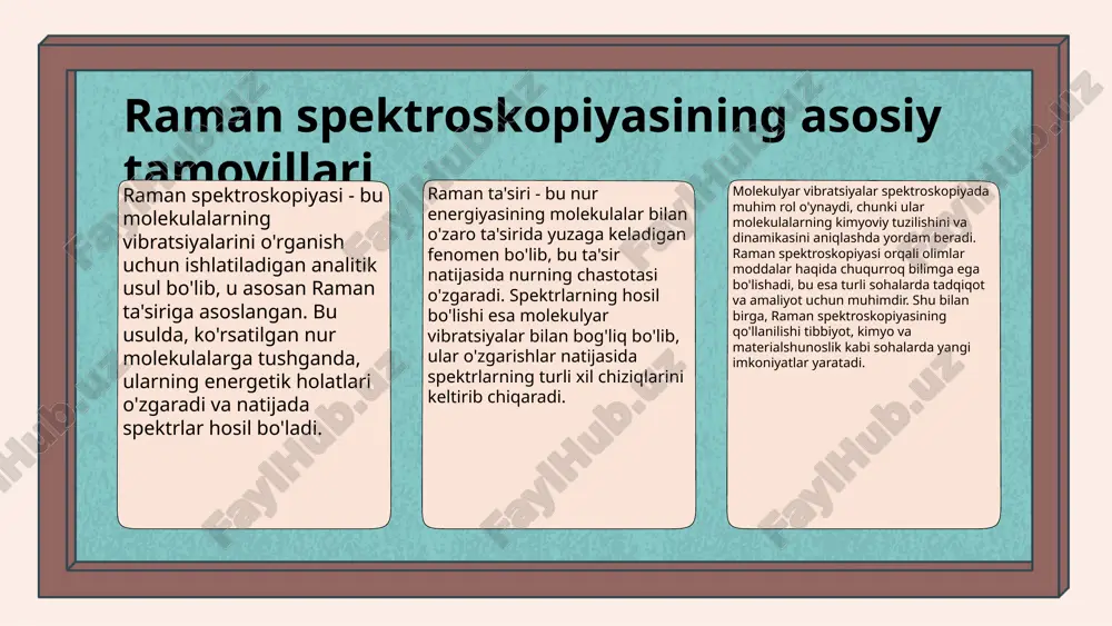 aza qilish bo'yicha tadqiqotlar. raman spektroskopiyasi ilmiy tadqiqotlarga katta hissa qo'shadi, chunki bu usul yordamida yangi materiallar ishlab chiqish, o'simliklar va dori vositalarining kimyoviy tarkibini chuqur o'rganish mumkin. shu bilan birga, atrof-muhitni muhofaza qilish va bioanalitika sohalarida ham muhim rol o'ynaydi. raman spektroskopiyasining qo'llanilishi qo'llanilish sohalari: kimyo, biologiya, materialshunoslik. kimyo: raman spektroskopiyasi yordamida moddalar tahlili qilish mumkin. bu usul, molekulyar tuzilmani aniqlash va kimyoviy bog'lanishlarni o'rganishda muhim ahamiyatga ega. biologiya: ushbu spektroskopiya hujayra tekshiruvi jarayonida qo'llaniladi. bu orqali hujayralarning ichki tuzilishi va ularning kimyoviy tarkibi haqida ma'lumot olish mumkin. materialshunoslik: yangi materiallar sinovi uchun raman spektroskopiyasi keng qo'llaniladi. u materiallarning fizik va kimyoviy xossalarini aniqlashda samarali vosita hisoblanadi. raqamli ma'lumotlar: - 90% aniqlik. - 75% natijalar tezligi. - 85% o'qish qobiliyati. - 80% qo'llaniladigan materiallar tahlil etish imkoniyati. xulosa: raman spektroskopiyasi ilm-fanda va sanoatda keng qo'llanilishi, uning aniq va tez natijalar berish qobiliyati bilan bog'liq. bu usul, turli sohalarda yangi …