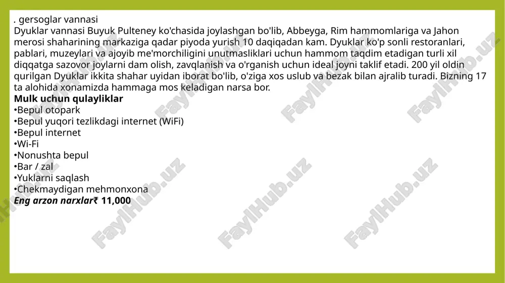 ng eng yaxshi 4 yulduzli mehmonxonasi. dengiz sathidan 121 fut balandlikda joylashgan qoyada joylashgan mehmonxonada dengizning ajoyib manzarasi va beachy head qoyalari joylashgan. 82 yotoq xonasi, ikkita restoran va beshta funktsional xonasi bilan ishbilarmon va dam olish uchun sayyohlar uchun ideal. mehmonxona atrofida va atrofdagi ko'plab bepul avtoturargoh, samimiy va professional xizmat, ajoyib taomlar, yangi ta'mirlangan yotoq xonalari va wi-fi turar joy narxiga kiritilgan. hydro - eastbourne-da keyingi yashash uchun eng yaxshi tanlov. mulk uchun qulayliklar bepul otopark bepul yuqori tezlikdagi internet (wifi) basseyn bar / zal stol o'yinlari / jumboqlari uy hayvonlariga ruxsat beriladi (it / uy hayvonlariga do'stona) taksi xizmati konferentsiya imkoniyatlari eastbourne mehmonxonasi xonaning xususiyatlari okean manzarasi hovuz ko'rinishi chekmaydigan xonalar suite qorong'i pardalar yozuv stoli ovqatlanish maydoni kvartirali televizor kelajakning eng yaxshi mehmonxonalari buyuk britaniya kompaniyasi oʻzbekistonda mini-mehmonxonalar qurishni taklif etmoqda muzli mehmonxona image1.jpeg image2.jpeg image3.jpg image4.jpg image5.jpg image6.jpg image7.jpeg image8.jpeg /docprops/thumbnail.jpeg