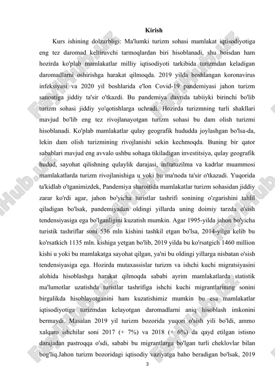 ni rivojlantirishda jahon tajribasini o’rganish. kurs ishining vazifasi: o’zbekistonda gastronomiya turizmini rivojlantirishda jahon tajribasini o’rganib mavzuni yoritib berish. kurs ishining tuzilishi: kirish, 4 ta reja , xulosa va foydalanilgan adabiyotlardan iborat. 1. gastronomik turizmning turlari va o`ziga xos jihatlari globallashuv sharoitida turizm industriyasi iqtisodiyotning eng istiqbolli tarmoqlaridan biriga aylanib bormoqda. mazkur tarmoqning jadal rivojlanishiga turizm industriyasini boshqarishning tobora takomillashib borayotganligi sezilarli ta’sir ko’rsatmoqda. ayniqsa, bu boradagi zamonaviy marketing strategiyalarining qo’llanilishi jahon mamlakatlarida turizm industriyasi iqtisodiy ko’rsatkichlarining o’sishiga olib kelmoqda. butunjahon turizm tashkiloti (unwto)ning statistik ma’lumotiga ko’ra, “…turizm daromadlilik darajasi bo’yicha uchinchi, tavarlar va xizmatlar eksportida to’rtinchi o’rinda, uning jahon yalpi ichki mahsuloti (yaim)dagi ulushi o’rtacha 10,0 foizni tashkil etmoqda”[footnoteref:1] [1: odilov, b. a., & karimov, n. r. (2020). analysis of targeted research in 20-30 years of the xx century. palarch's journal of archaeology of egypt/egyptology, 17(6), 8887-8893. ] gastronomik turizm – bu noyob taom yoki mahsulotni tatib ko’rish va har …