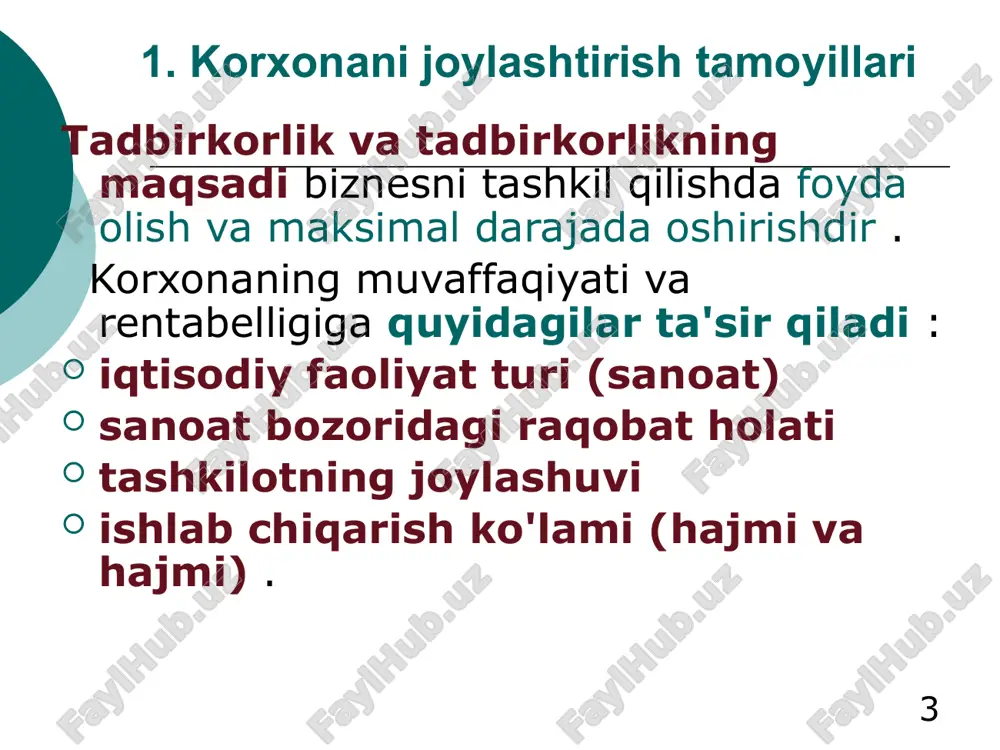 judligi; d) normal ishlab chiqarish jarayonini ta'minlash uchun xizmat ko'rsatish imkoniyatlari yoki shartlari; 13 2. korxonaning joylashuv omillari e) sotuv bozoriga va bozorning geografik chegaralariga yaqinligi; f) davlat imtiyozlarini olishning mavjudligi va imkoniyati; g) muayyan hududdagi ijtimoiy harakatlar va tashkilotlarning faoliyati; z) mintaqani rivojlantirish istiqbollari, amalga oshirilayotgan ijtimoiy davlat siyosati. 14 2. korxonaning joylashuv omillari tanlangan hududda korxonaning joylashishini aniqlash uchun omillar : er uchastkasini sotib olish yoki ijaraga olish imkoniyati va narxi ; qurilish ruxsatnomasini olish imkoniyati , (mehnat, xom ashyo, materiallar, transport, infratuzilma xizmatlari) narxlari . 15 3. korxonalar hajmiga ta'sir etuvchi omillar korxona va umuman tashkilotning hajmini aniqlashda ular quyidagi mezonlarga asoslanadi: mahsulot birligini ishlab chiqarish va sotish uchun xarajatlarni tejash yoki minimallashtirish: urish bilan min 16 3. korxonalar hajmiga ta'sir etuvchi omillar mahsulotlarni ishlab chiqarish va sotish tannarxini belgilovchi turli omillarni tahlil qiling va miqdorini belgilang : ishlab chiqarish (ishlar, xizmatlar) hajmi; boshqaruv apparati va tashkilotning …