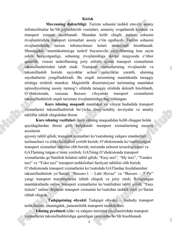 o etadi. yo’lovchilarning xavfsizligini ta’minlash transport xizmatlari ko’rsatishning eng muhim masalasi bo’lib, u harakatlanadigan tarkibdan foydalanish qoidalariga rioya qilishni, transport vositalarining harakatini ta’minlovchi turli xizmatlar professional tarzda va uyushqoqlik bilan ishlashini, yo’lovchilar ham xulq-atvor qoidalariga rioya qilishini, ekologik toza transport turlaridan foydalanishni nazarda tutadi. turistlarning uyushgan guruhlarini tashish marshrutlar ishlab chiqish, chiptalarni buyurtma qilish, transportda joylashtirish, tur dasturlarini amalga oshirish bilan bog’liq ayrim o’ziga xos xususiyatlarga ega bo’lganligi uchun turistik firmalar transport kompaniyalari bilan yaqin aloqalar o’rnatishiga to’g’ri keladi. turizm industriyasi ishlab chiqadigan turistik mahsulot, xizmatlar va tovarlarning tarkibi ancha katta va rang-barang majmuani o’z ichiga qamrab oladi. bu mahsulotdan kishilar sayohat qilishda, shuningdek, turizm doirasida dam olish, xordiq chiqarish, davolanish, o’z bilim va kasbiy darajasini oshirishda foydalanishlari mumkin. bunda turistik mahsulotning asosiy tarkibiy qismiga kiruvchi transport xizmatlari jami xizmatlarning 27 % ini tashkil qiladi. yo’lovchilarni, shu jumladan, turistlarni tashish har xil transport turlarida, chunonchi: havo, yer usti, suv transportida …