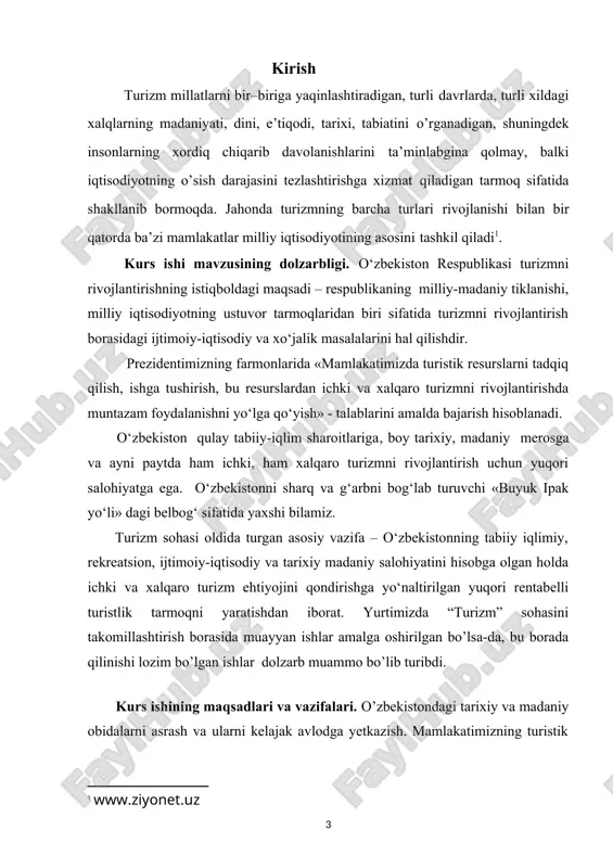 i o’zbek xalqi boy tarixiy o’tmishga ega. uzoq rivojlanish davrida u, o’rta osiyoning boshqa xalqlariga o’xshash, insoniyatga ilm va san’atning buyuk namoyondalarini berdi. asrlar davomida boy o’ziga xos madaniyat yaratildi. o’rta osiyoning ko’pgina bosqinchiligi natijasida o’rmish yodgorliklarida turli qadimiy madaniyatlar-yunon, xind, eron, arab-ta’siri ko’rinadi. ammo bu ta’sirlar o’zbek madaniyatini boyitib, uning o’ziga xosligini yo’qotmadi. o’zbek xalqining san’ati o’zining badiiy an’analarini, ustalik qonunlarini, ifodalash vositalarini ishlab chiqdi. xalq ijodining turli janrlari yaratildi. bu bir-biriga ta’sir qilish va bir birini boyitish jarayoni asrlar davomida o’zbekistonga o’zining badiiy madaniyatini keyingi rivojlanishiga imkoniyat yaratadi. moddiy madaniyat yodgorliklari (qoyadagi naqshlar, monumental xaykallar, bareleflar, xaykalchalar va b.), shuningdek bizgacha yetib kelgan yozma manbalar (m.a. ii asr), o’zbek xalqining musiqa merosining ashula, raqs va kiyimlar qadimiy manbalariga guvoxlik beradi. ularning o’rta osiyo xalqlari xayotidagi muxim roli xaqida m.a. v asrda gerodot yozgan.[footnoteref:2] [2: n.e.ibodullayev. o’zbekistonning turistik resurslari (ma’ruzalar matni). samarqand, samisi, 2008- 114 b.] musiqiy san’atning yuqori …