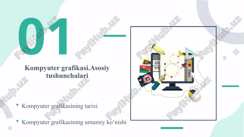 i.ularning toliq aralashmasidan esa qora(black)rang hosil boladi.qora(black)va kok(blue) sozlari b bilan boshlanganligi sababli,ularni chalkashtirmaslik uchun qora(black)sozining oxirgi k harfi ishlatiladi.shuning uchun bu ranglar modeliga cmyk deyiladi. lab rang modeli tasvirning yorqinligi, kontrasti va rangiga alohida ta’sir ko‘rsatish imkonini beradi. shuningdek, tasvirlarga ishlov berishni sezilarli darajada tezlashtiradi. l – yoritish (yorqinlik hamda intensivlik tushunchalarining kombinatsiyasi); a – yashil rangdan binafsha ranggacha bo‘lgan ranglar sxemasi; b – ko‘kdan sariq ranggacha bo‘lgan ranglar. yaratilayotgan tasvir rangini qanday tanlash o‘ta muhim jarayon hisoblanadi. chunki tasvirning asosiy ko‘rinishi – bu rang. quyida asosiy ranglarning vazifa va xususiyatlari logotiplar misolida keltirilgan. kompyuter grafikasining qollanish sohalari 04 qanday sohalarda kompyuter grafikasidan foydalaniladi kompyuter grafikasining zamonaviy texnologiyalar rivojida tutgan o‘rni kun sayin ortib bormoqda. bu soha nafaqat ko‘ngilochar maqsadlar uchun, balki sanoat, ilm-fan va hatto tibbiyot sohalarida ham muhim ahamiyatga ega. quyida kompyuter grafikasidan foydalaniladigan asosiy sohalar va uning imkoniyatlari haqida batafsil to‘xtalib o‘tamiz. 1. ko‘ngilochar soha (game …