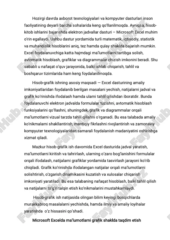 laydi. bu diagramma ustunli grafikdan farqli ravishda ma’lumotlarni yonma-yon joylashgan shaklda ko‘rsatadi. gistorgramma ko‘p kategoriyali ma’lumotlarni tasvirlashda, ayniqsa nomlar uzun yoki ma’lumotlar soni ko‘p bo‘lgan hollarda juda qulay va boshqalariga nisbatan ko’rinish jihatdan ancha chiroyli hisoblanadi va ko’pchilik shu usulni tanlashadi. 5.yoyilma diagramma (scatter chart) – ikkita o‘zgaruvchi orasidagi bog‘liqlikni aniqlash uchun ishlatiladi, statistik tahlilda keng qo‘llaniladi. excelda grafik yaratish jarayoni juda oddiy: foydalanuvchi kerakli ma’lumotlarni tanlaydi, insert (qo‘shish) menyusiga kirib, kerakli diagramma turini belgilaydi. shundan so‘ng grafik avtomatik tarzda yaratiladi. grafikni foydalanuvchi o‘z xohishiga ko‘ra tahrirlashi, ranglarini o‘zgartirishi, nom qo‘shishi, ma’lumotlar ustuniga qiymatlarni joylashtirishi va dizaynini sozlashi mumkin. grafiklarning afzalligi shundaki, ular raqamli ma’lumotlarni aniq ko‘rsatib, solishtirishni osonlashtiradi. masalan, bir qarashda qaysi oyda savdo yuqori, qaysi mahsulot ko‘p xarajat talab qilganini yoki qaysi yo‘nalishda o‘sish borligini ko‘rish mumkin. bundan tashqari, excel grafiklari hisobotlar va taqdimotlarda ma’lumotlarni professional ko‘rinishda ifodalash uchun juda qulay. excelda grafiklar ustida ishlashda design, format va …