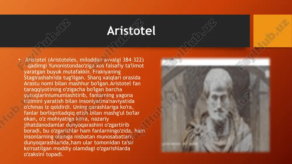 shiesa azob-uqubatga chidaydi, meʼyorida va oqilona harakat qiladi. xulosa aristotel — buyuk yunon faylasufi, fan va falsafaning deyarlibarcha sohalarida iz qoldirgan olim. uning asarlari mantiq,metafizika, axloq, siyosat, tabiatshunoslik va san’at nazariyasikabi yo‘nalishlarni qamrab oladi. aristotel falsafasida tajriba vaaql birgalikda haqiqatni anglashning muhim vositasi sifatidaqaraladi. uning ta’limotlari o‘rta asr va uyg‘onish davrifalsafasiga katta ta’sir ko‘rsatgan. u asos solgan ilmiy usullar vamantiqiy tahlil usullari bugungi kungacha o‘z ahamiyatiniyo‘qotmagan. aristotelning merosi inson tafakkuri rivojida muhimo‘rin tutadi. 12 foydalanilgan adabiyotlar 1.jonathan barnes – "aristotle: a very short introduction"aristotel hayoti, asarlari va ta’limoti haqida ixcham va tushunarli tarzda yozilgan kitob. 2.w.d. ross – "aristotle"aristotelning fikrlari va uning turli ilmiy yo‘nalishlarga qo‘shgan hissasi haqida mukammal tadqiqot. 3.terence irwin – "aristotle’s first principles"aristotel falsafiy tizimining asoslarini tahlil qiluvchi ilmiy ish. 4.richard mckeon (tahrirchi) – "the basic works of aristotle"aristotelning eng muhim asarlari jamlangan to‘plam. 5.internet encyclopedia of philosophy (iep) – aristotlehttps://iep.utm.edu/aristotle/foydalanilgan adabiyotlar 13 e’tiboringiz uchun tashakkur 14 …