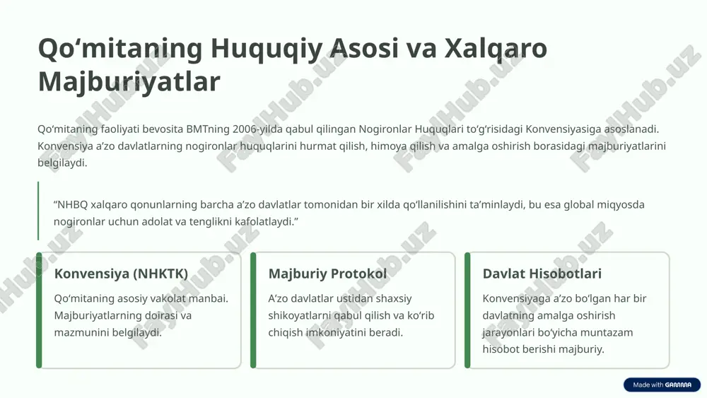 oyi yaqinida, bepul yoki arzon narxda tibbiy xizmatlardan foydalanish imkoniyatini kengaytirish. 6 nogironlar huquqlarini targʻib qilish va himoya qilish qoʻmita oʻz faoliyatida konvensiya tamoyillarini nafaqat hukumatlar, balki keng jamoatchilik orasida ham targʻib qilishga alohida eʼtibor qaratadi. bu nogironlikni inson huquqlari masalasi sifatida qabul qilish uchun madaniy oʻzgarishlarni talab qiladi. targʻibot mexanizmlari umumiy sharhlarni nashr etish (konvensiyaning aniq moddalari boʻyicha yoʻriqnomalar). xalqaro tadbirlarda ishtirok etish va nutq soʻzlash. fuqarolik jamiyati tashkilotlari (fjt) bilan yaqin hamkorlikni oʻrnatish. davlatlarga tegishli siyosatni ishlab chiqishda texnik yordam koʻrsatish. shaxsiy shikoyatlarni koʻrib chiqish orqali qoʻmita aniq huquqbuzarlik holatlarida nogironlarning huquqlarini himoya qiladi va davlatlarni javobgarlikka tortadi. 7 xalqaro hamkorlik va tajriba almashish nhbq konvensiyaning global miqyosda samarali amalga oshirilishini taʼminlash uchun boshqa bmt organlari, mintaqaviy tashkilotlar va milliy inson huquqlari institutlari bilan doimiy aloqada boʻladi. bmt agentliklari unicef, jahon sogʻliqni saqlash tashkiloti (jsst) va xalqaro mehnat tashkiloti (xmt) bilan konvensiya tamoyillarini oʻz dasturlariga integratsiya qilish boʻyicha …