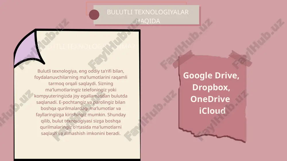 ple ekotizimi bilan to‘liq integratsiya iphone, ipad va mac foydalanuvchilari uchun qulay. qurilmalardagi avtomatik zaxiralash imkoniyati kamchiliklari: faqat apple qurilmalari uchun qulay (windows va android foydalanuvchilari uchun cheklovlar bor). bepul versiyada 5 gb tez to‘lib qoladi foydalanuvchilar soni google drive: 2024-yil holatiga ko‘ra, google drive 2 milliarddan ortiq foydalanuvchiga ega. dropbox: dropbox foydalanuvchilari soni 700 milliondan oshgan. onedrive: microsoft onedrive 2024-yilda 250 milliondan ortiq faol foydalanuvchiga ega edi. icloud: apple icloud xizmati 2024-yil holatiga ko‘ra, 850 milliondan ortiq foydalanuvchiga ega. statistika e’tiboringiz uchun rahmat image9.svg image1.png image2.svg image3.png image4.svg image5.png image6.svg image7.png image8.png image10.png image11.png image12.png image13.svg image14.png image15.svg image16.png image17.svg image18.jpeg image19.png image20.svg image21.png image22.svg image23.png image24.png image25.svg /docprops/thumbnail.jpeg
