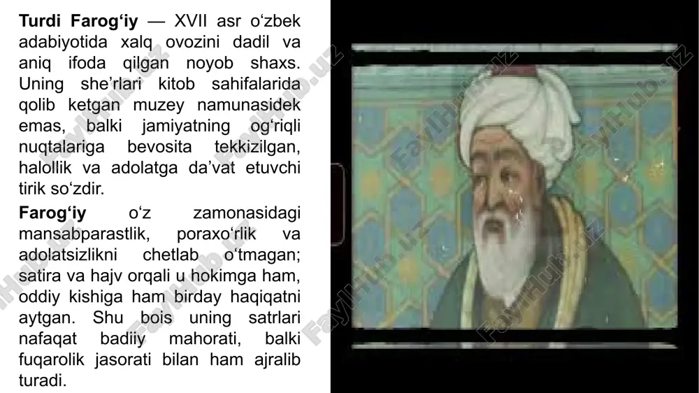 odonning da’vosi, oddiy mehnatkashning sokin iztirobi uning satrlarida ixcham, ammo jonli tasvirga aylanadi. bunda tazod, kinoya, istehzo, mubolag‘a, parodiya, hatto so‘z o‘yinlari kabi vositalar maqsadga muvofiq va tejamkor qo‘llanadi; ortiqcha bezak yo‘q, zarb bor. shu bois farog‘iy hajvlarida “kuldirib turib o‘ylatish” usuli kuchli: o‘quvchi avval kuladi, so‘ng esa kulgining achchiq sababini ko‘radi. tor ko’ngullik beklar tor ko’ngullik beklar, man-man demang, kenglik qiling to’qson ikki bori o’zbak yurtidir, tenglik qiling. birni qipchoqu xitoyu, birni yuz,nayman demang, qirqu yuz ming son bo’lub, bir xon oyinlik qiling. bir yaqodin bosh chiqorib, barcha bir to’ng’a kirib, bir o’ngurlik, bir tirizlik, bir yaqo, yenglik qiling. kim qo’yubdur, uhdai o’z mulkungizdin chiqmayin, ikki, uch, to’rt da’vosin etmakni, ko’tahlik qiling. mardlar maydon chekib, rangin ko’torib zaxmlar, sizga yo’q ul javhare, yuzga upo-englik qiling. shoirning eng ta’sirchan qatlamlaridan biri — ijtimoiy adolat g‘oyasining izchil himoyasi. u halollikni yuksak fazilat, ilm va ma’rifatni jamiyat taraqqiyotining yagona yo‘li deb biladi. …