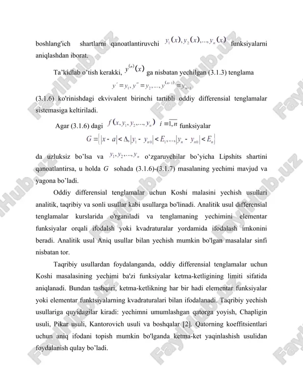a (3.1.1)-(3.1.2) yoki (3.1.6)-(3.1.7) masalalarning xususiy yechimlarining taqribiy (va bazzan aniq) qiymatlarini hisoblash uchun mo’ljallangan. va natijada, izlanayotgan yechim jadval ko'rinishida olinadi. demak, tugunlarda (3.1.1)-(3.1.2) masalaning taqribiy yechimi ning qiymatlarini topish talab qilinsin. (3.1.1)-(3.1.2) masalani yechishning sonli usullarining aksariyati [3] shaklida ifodalanishi mumkin: bu erda f ko'rsatilgan argumentlarning ba'zi funksiyalari bo'lib, u tanlangan usul, tenglama shakli (3.1.1) va tuzilgan panjara bilan aniqlanadi. ta'rif 1. bo'lganda sonli usullar bir bosqichli, yoki bo'lganda esa ko'p bosqichli deyiladi . bir bosqichli usullar bo'lganda oshkor, bo'lganda oshkormas deyiladi. ko‘p bosqichli usullar da oldinga qarash deyiladi . ushbu turdagi usullarga doir misollari va ularni qanday qurish kerakligi bilan biz quyida tanishamiz. sonli usullarni faqat korrekt qo'yilgan masalalarda qo'llanilishi mumkin. biroq, korrektlik shartlarining formal bajarilishi sonli usullardan foydalanish uchun yetarli bo'lmasligi mumkin. masala kiritilgan ma'lumotlarga nisbatan yaxshi shartli (barqaror) bo'lishi kerak. agar bu shart e'tiborga olinmasa, unda boshlang'ich shartlardagi kichik o'zgarishlar yoki sonli usullardagi kichik xatoliklar …