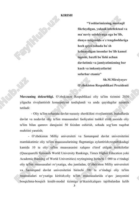 -yoshlar ta'lim-tarbiyasi uchun qo‘shimcha sharoitlar yaratishga qaratilgan kompleks chora-tadbirlarni o‘z ichiga olgan beshta tashabbusni amaliyotga tatbiq etish;oliy ta'lim muassasalarining infratuzilmasi va moddiy-texnik bazasini, shu jumladan, xalqaro moliya institutlarining imtiyozli mablag‘larini keng jalb qilish hisobiga yaxshilash, ularni bosqichma-bosqich o‘zini o‘zi moliyalashtirish tizimiga o‘tkazish va moliyaviy barqarorligini ta'minlash; -ta'limning ishlab chiqarish korxonalari va ilmiy-tadqiqot institutlari bilan o‘zaro manfaatli hamkorligini yo‘lga qo‘yish;aholining ijtimoiy himoyaga muhtoj qatlamlari, shu jumladan, imkoniyati cheklangan shaxslarning oliy ta'lim bilan qamrov darajasini oshirish, ular uchun infratuzilmaga oid sharoitlarni yaxshilash; bitiruv malakaviy ishining ob’ekti. oliy ta’lim muassasalarida taqqoslamalar modulini o’rganishni takomillashtirish va bu sohadagi ilmiy ishlarni rivojlantirish. bitiruv malakaviy ishining predmeti. oliy ta’lim muassasalarida tashkil etilgan fan to‘garaklari hamda algebra va sonlar nazariyasi fani mashg’ulotlarida taqqoslamalarga oid nazariy va amaliy bilimlarni o‘rgatish usullari va vositalari. bitiruv malakaviy ishining maqsadi. oliy ta’lim muassasalarida “taqqoslamalar modulini o’qitishning nazariy va amaliy masalalari” mavzusi bo’yicha masalalar echish metodikasini ishlab chiqish va uni amaliyotda qo’llash …