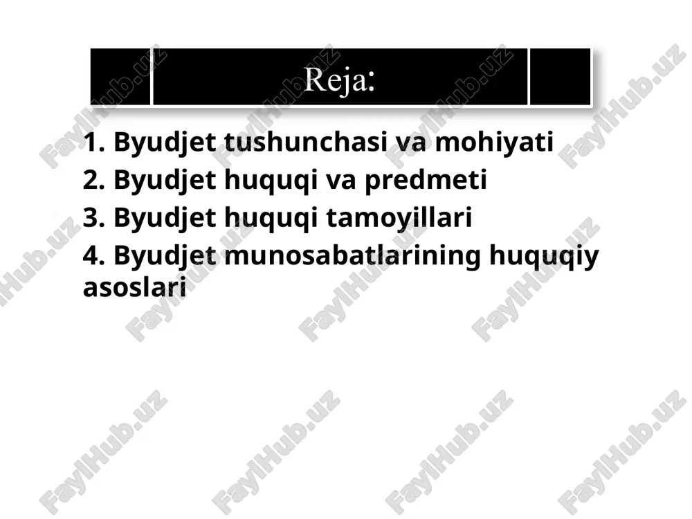 metini – byudjet jamg‘armalarini tashkil etish, taqsimlash va foydalanish natijasida yuzaga keluvchi ijtimoiy munosabatlar tashkil qiladi. bu munosabatlar quyidagilardan iborat: a) respublikada byudjet tuzilishi va byudjet tizimini o‘rnatish; b) byudjet tizimi daromadlar va xarajatlarining tuzilishini o‘rnatish va ularni turli bo‘g‘indagi byudjetlar o‘rtasida taqsimlash; v) byudjet sohasidagi vakolatlar doirasini chegaralash (ya‘ni davlat va uning ma‘muriy-hududiy tuzilmalari o‘rtasida); g) byudjet jarayonini tashkil etish bilan, ya‘ni byudjetlarni tuzish, ko‘rib chiqish, tasdiqlash va ijro etishning tartibini joriy etish, shuningdek tegishli byudjetlarning ijro etilishi to‘g‘risidagi hisobotlarni tayyorlash va tasdiqlash, d) byudjet ijrosini nazorat qilishni tashkil etish bilan bog‘liq bo‘lgan munosabatlar va h.k.lar. byudjet huquqi tamoyillari 1) normativ mustahkamlangan manbasiga ko‘ra: a) o‘zbekiston respublikasi konstitutsiyasida mustahkamlangan tamoyillar b) byudjet qonunchiligi bilan o‘rnatilgan tamoyillar 2) harakat doirasiga ko‘ra: a) byudjet huquqi barcha institutlariga taalluqli umumiy tamoyillar b) byudjet huquqi ma‘lum institutiga doir tamoyillar 3) byudjet tizimining moddiy va protsessual jarayonlariga ko‘ra: a) moddiy printsiplar b) protsessual printsiplar …