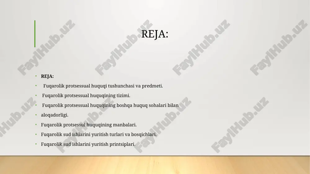 ar chet davlat sudlarining hamda chet davlat hakamlik sudlarining (arbitrajlarining ) hal qiluv qarorlarini tan olish va ijroga qaratish bilan bog’liq ishlar fuqarolik protsessual huquqining printsiplari fuqarolik protsessual huquqining printsiplari bu–qonunda mustahkamlangan, protsessual institutlarning barcha tizimlari uchun hal qiluvchi ahamiyatga ega bo’lgan, iqtisodiyishlarini to’g’ri, o’z vaqtida ko’rib chiqish va hal etishda odil sudlovni ta’minlaydigan asosiy rahbariy qoidalardir. o’zbekiston respublikasi konstitutsiyasi, “sudlar to’g’risida”gi qonun hamda fuqarolik protsessual kodeksini tahlil qilish asosida fuqarolik protsessual huquqi printsiplarini quyidagicha tasniflash mumkin fuqarolik protsessual huquqining konstitutsiyaviy printsiplari 1) odil sudlovning faqat sud tomonidan amalga oshirilishi; 2) qonun va sud oldida tenglik; 3) sudyalarning mustaqilligi va ularning faqat qonunga bo’ysunishi; 4) sud ishlari yuritiladigan til; 5) sud muhokamasining oshkoraligi; fuqarolik protsessual huquqining maxsus printsiplari 1) ish­larni qonun hujjatlari asosida hal qilinishi; 2) ish­ning haqiqiy holati, taraflarning huquq va majburiyatlari sud tomonidan aniqlanishi (ob’ektiv haqiqat); 3) erkin huquq, ya’ni dis­pozitivlik; 4) taraflar tortishuvi va teng hu­quqliligi; 5) …