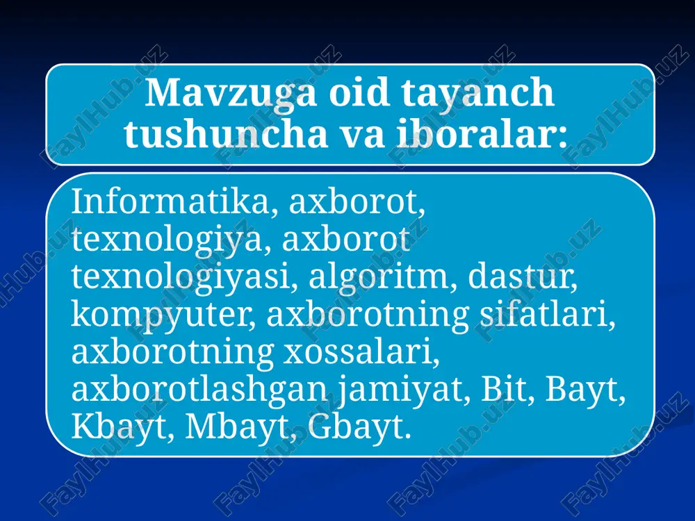 `zolarimiz orqali qabul qila oladigan ma`lumotlar to`plamidir. axborot atrofimizdagi har xil voqea hodisalar haqidagi ma`lumotlar yig`indisidir. shuning uchun axborotni kitoblarda, jurnallarda, yozuvimizda, o`zaro muloqotimizda, radio va televidenielar kabilarda uchratish mumkin. 9 axborotning eng kichik o`lchov birligi – bit (bit)hisoblanadi. bit so`zi inglizcha «birlik» ma`nosini bildiradi. bundan tashqari axborotning boshqa birliklari ham mavjud bo`lib, ular bir-biri bilan quyidagicha bog`langan: 1 bit=0 yoki 1; 1 bayt=8 bit; 1 kilobayt (1 kbt) = 210 bayt=1024 bayt; 1 megabayt (1 mbt)= 210 kbayt = 220 bayt = 1024* 1024 bayt = 1048576 bayt; 1 gigabayt (1 gbt)= 210 mbayt = 230 bayt = 1024* 1024*1024 bayt =1073741824 bayt. axborot to`liqlik, qimmatlik, ishonchli kabi sifatlarga ega bo`lishi kerak. informatika va axborot texnologiyalari fanida bundan tashqari algoritm, dastur, kompyuter, texnologiya, axborotlashgan jamiyat va boshqa tushunchalar ham mavjud. «kompyuter» so`zi inglizcha so`z bo`lib, «hisoblovchi» ma`nosini anglatadi. hozirgi kunga qadar elektron hisoblash mashinasi (ehm), shaxsiy elektron hisoblash mashinasi …