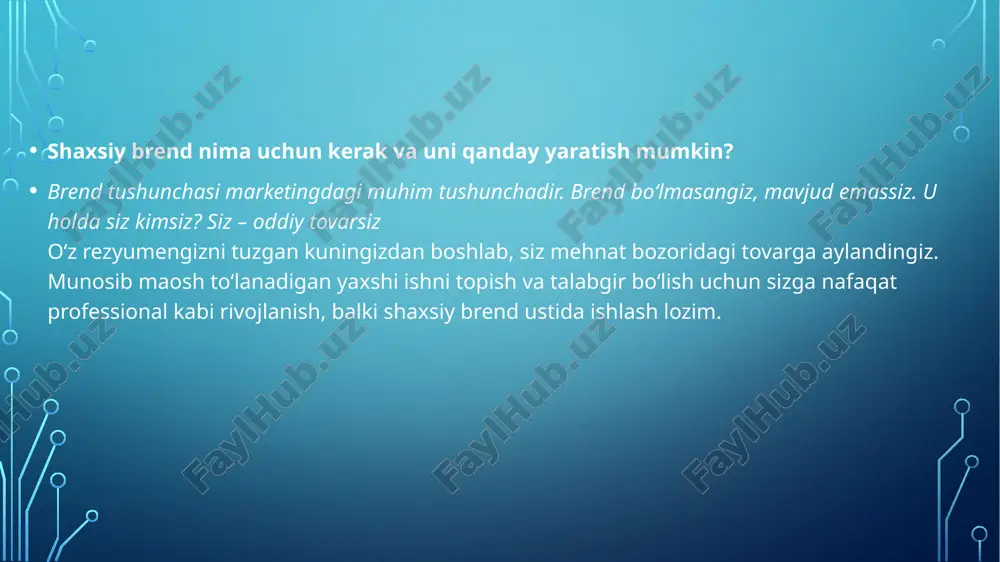 tarmoqlarda mutaxassis sifatida gapirib bering. maqsadli auditoriyangiz, salohiyatli mijozlaringiz kim ekanini aniqlang. sizga ko‘p daromad olib keladigan salohiyatli mijozlaringizning batafsil portretini tuzing. ular vaqtini qayerda o‘tkazishi, nimani o‘qishi, qanday kanallarni ko‘rishini tushunish muhim. o‘z sohangiz va unga yaqin bo‘lgan mavzulardagi kitoblarni o‘qing, bilim darajangizni oshiring, xorijiy tillarni o‘rganing – suhbatlashish qiziq bo‘lgan odamga aylaning. tashqi obraz haqida o‘ylab ko‘ring. mahsulotda bo‘lgani kabi brend-odamda ham muayyan jihatlar bo‘lishi lozim. toki ular yordamida sizni tanish oson bo‘lsin. bular: yorqin bo‘yinbog‘, pushtirang soch, soch o‘rami, ko‘zoynak va h.k. hamkasblaringiz va salohiyatli mijozlaringiz mavjud bo‘lgan joylarda paydo bo‘ling: ko‘rgazma, konferensiya, tanlovlarda ishtirok eting. o‘zingizni turli kanallarda targ‘ib eting: ijtimoiy tarmoqlarda shaxsiy sahifalarni rivojlantirishni boshlang, sayt va blog yarating. keyin esa sohaga oid maydonchalar va internet-nashriyotlariga chiqing, izohlar bering, maqolalar yozing. keng auditoriya uchun ekspert obrazini yarating. yangi brend yaratishda nimalarni hisobga olish kerak: mahsulot assotsiatsiyasi, reklama va kamchiliklar haqida brend yaratilishi — mahsulot savdosiga …