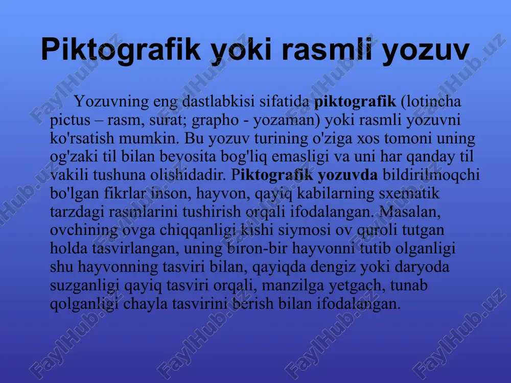 o‘lib, har bir harf alohida nutq tovushini ifoda etgan. bu yozuvda bironta ham boshqa sistemadagi belgi – logografik (so‘z yozuvi), sillabografik (bo‘g‘inli yozuv) elementlar qo‘llangan emas. yozuvda faqat undoshlargina ifodalangan, unlilar mutlaqo ifodalanmagan, ya’ni finikiy yozuvi sof konsonant yozuv bo‘lgan. harflar juda sodda, eslab qolish va yozish uchun qulay shaklga ega bo‘lgan. ular muayyan qat’iy ketma-ketlikdagi alifbodan iborat bo‘lgan. har bir harfning atalish nomi bo‘lgan. bu nomlar akrofonik tamoyil asosida, ya’ni harf ifodalaydigan tovush harf nomining birinchi tovushiga to‘g‘ri keladi. masalan, b – «bet», d – «dolet», g – «gimel», v – «vov», z – «zayn» kabilar. harflarning nomi ular ifodalagan tovushdan tashqari harflarning shakli bilan ham ma’lum darajada bog‘liq bo‘lgan. o'rta osiyo xalqlari, jumladan, o'zbek xalqi foydalangan yozuvlar o'rta osiyodagi xalqlar, jumladan, o'zbek xalqi o'tmishda turli yozuvlardan foydalangan. bu yozuvlar o'z sistemasiga ko'ra fonografik - harf-tovush yozuvidan iborat bo'lgan. masalan, so'g'd, pahlaviy, o'rxun-yenisey (runik), uyg'ur, arab kabi yozuvlar shular …