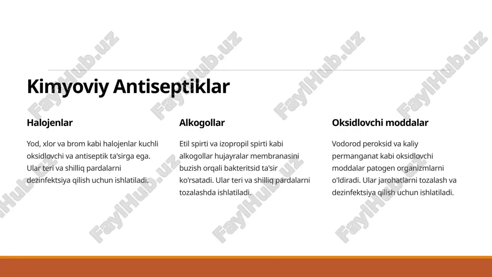 yuter modellashtirish kiradi. yangi antiseptiklar yanada samaraliroq, xavfsizroq va kengroq spektrli bo'lishi kutilmoqda. shu bilan birga, antiseptiklarga qarshilik rivojlanishining oldini olish va ularning oqilona ishlatilishiga e'tibor qaratish kerak. 9 xulosa antiseptika usullari infektsiyani oldini olishda muhim rol o'ynaydi. zamonaviy antiseptika usullari turli xil fizik, kimyoviy va biologik vositalarni o'z ichiga oladi. antiseptiklarni tanlashda va qo'llashda xavfsizlik choralarini ko'rish juda muhimdir. kelajakda yangi va samaraliroq antiseptiklar paydo bo'lishi kutilmoqda. antiseptiklarning oqilona ishlatilishi va ularga qarshilik rivojlanishining oldini olish muhim ahamiyatga ega. 10 image2.png image3.png image4.png image5.png image6.png image7.png image8.png image9.png image10.png image11.png image12.png image13.png image14.png image15.png image16.png
